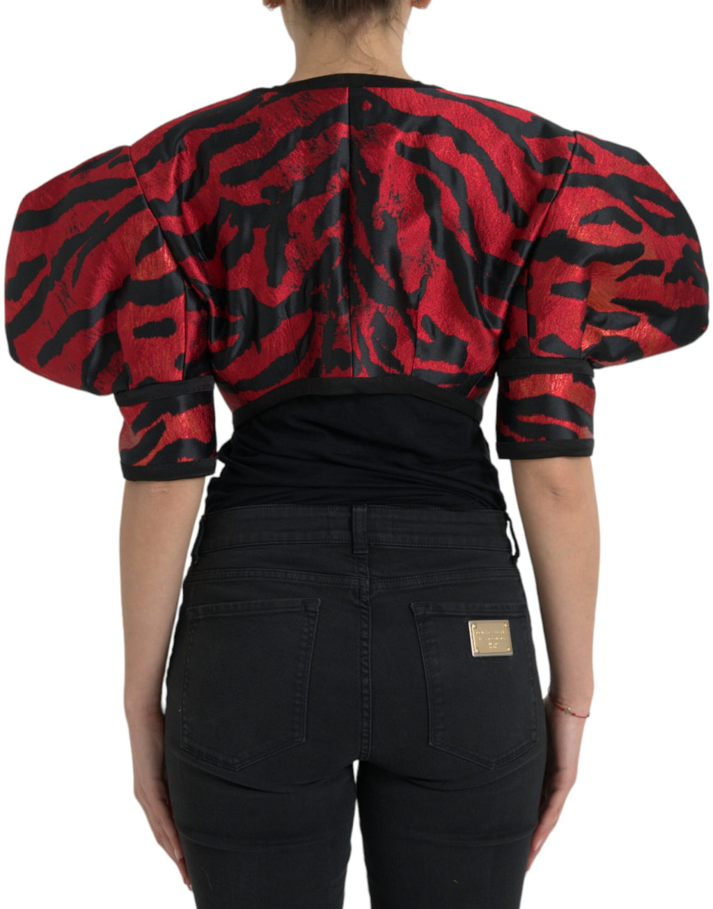 Manteau court Dolce & Gabbana à motif noir et rouge, veste élégante avec coupe cropped, en tissu tendance.