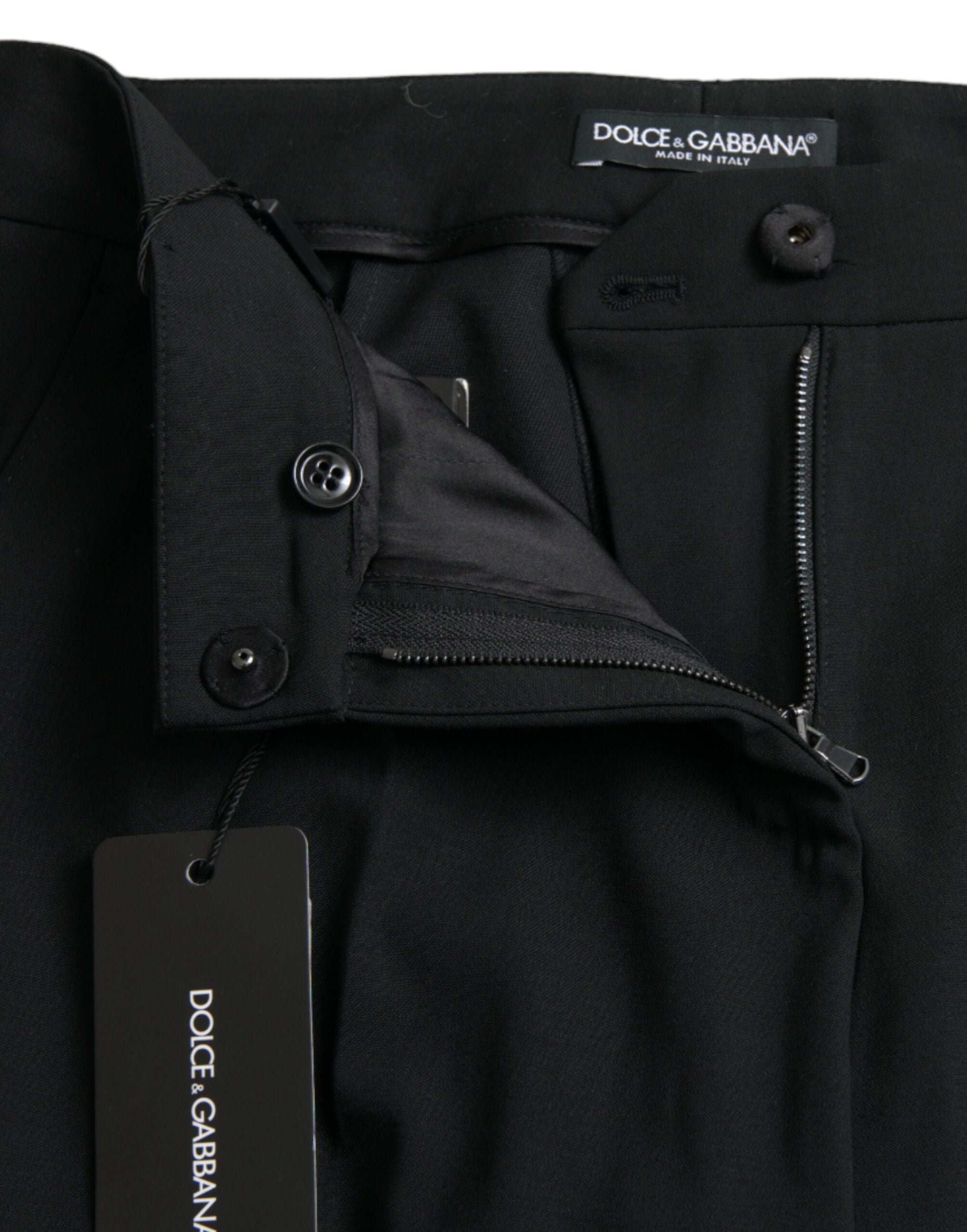 Pantalon noir en laine Dolce & Gabbana, taille mi-haute, coupe tapered, vue d'ensemble sur le produit.
