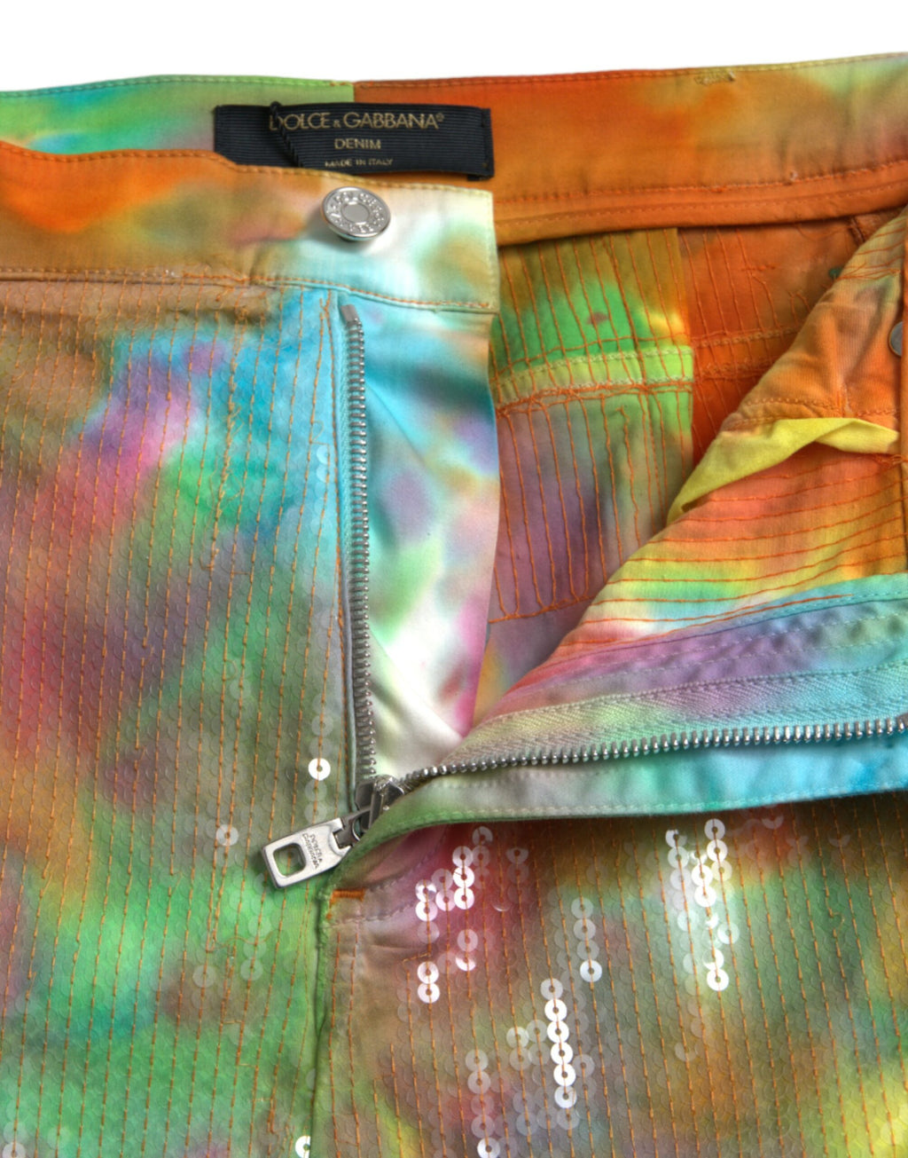Pantalon cropped à taille haute Dolce & Gabbana, coloris multicolore, tye-dye sequins, style tendance et élégant.