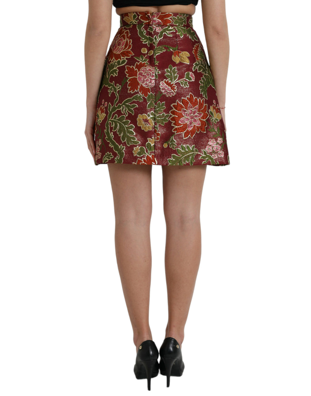 Jupe mini en jacquard floral marron foncé de Dolce & Gabbana, coupe A-line élégante et sophistiquée.