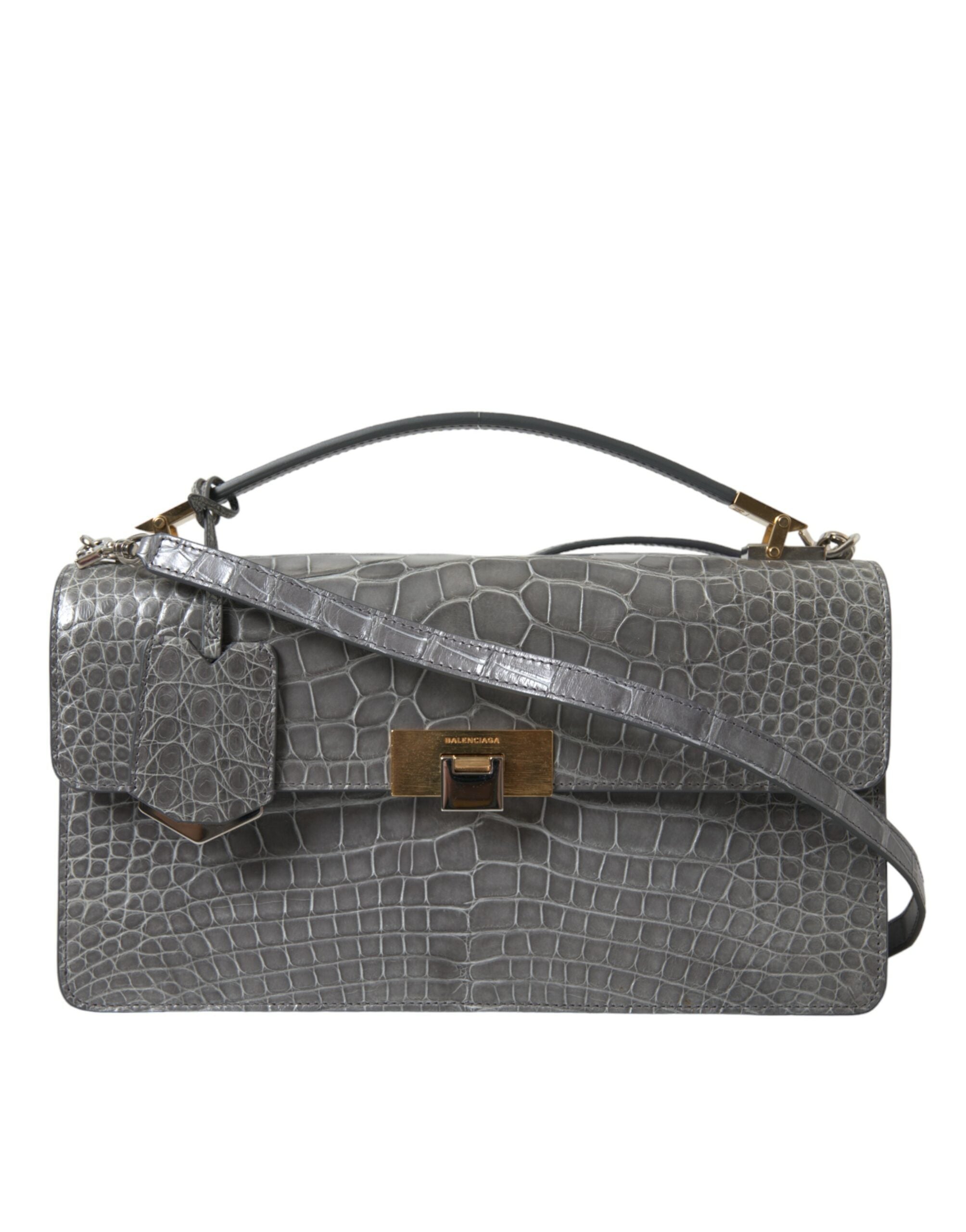 Sac à main Balenciaga gris en cuir exotique, sacoche medium à bandoulière élégante pour femme.