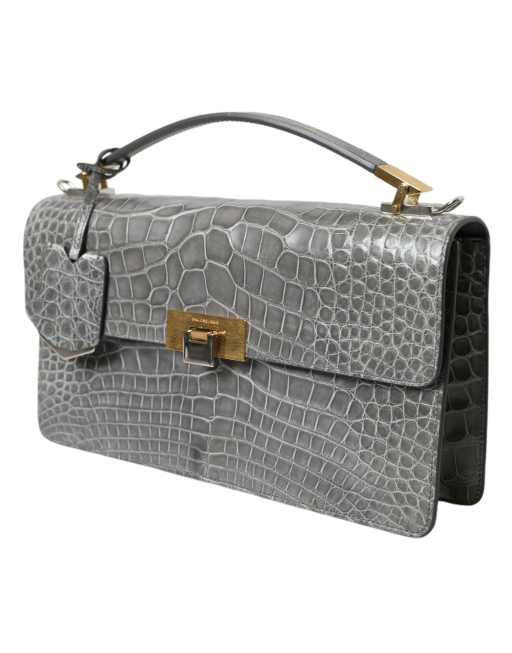 Sac à main moyen Balenciaga en cuir exotique gris, sacoche d'épaule élégante avec détails sophistiqués.