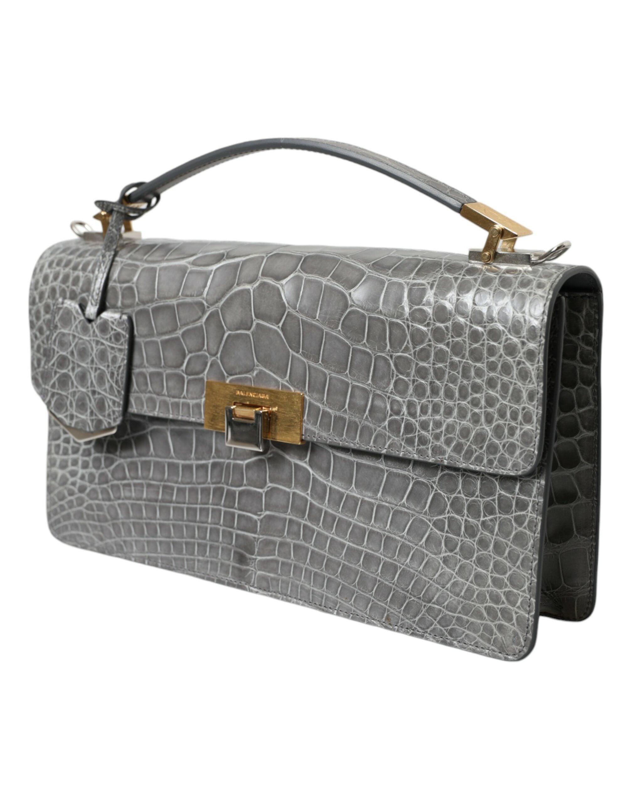 Sac à main moyen Balenciaga en cuir exotique gris, sacoche d'épaule élégante avec détails sophistiqués.