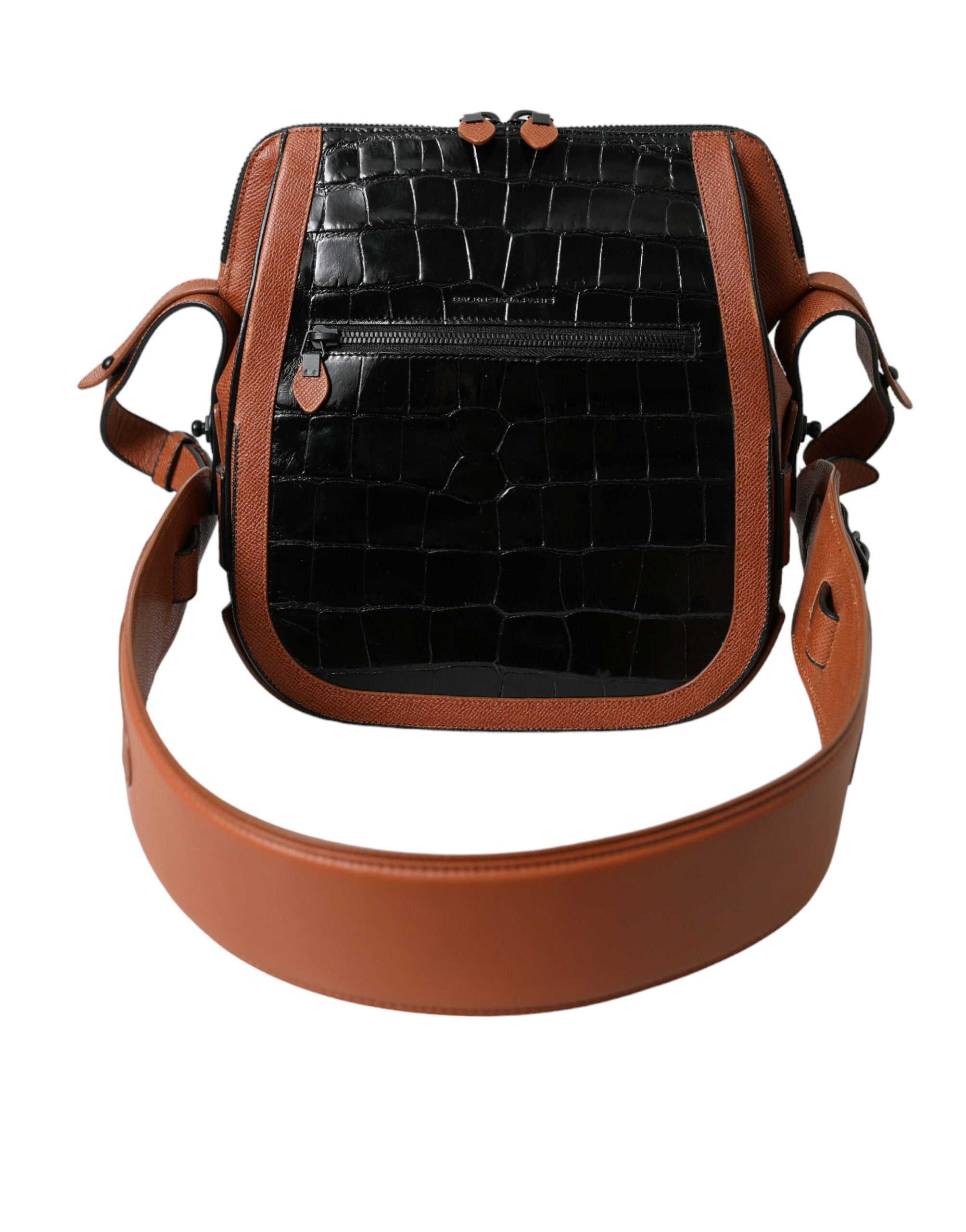 Sac à bandoulière Balenciaga en cuir exotique noir et marron, design vertical avec finitions élégantes.