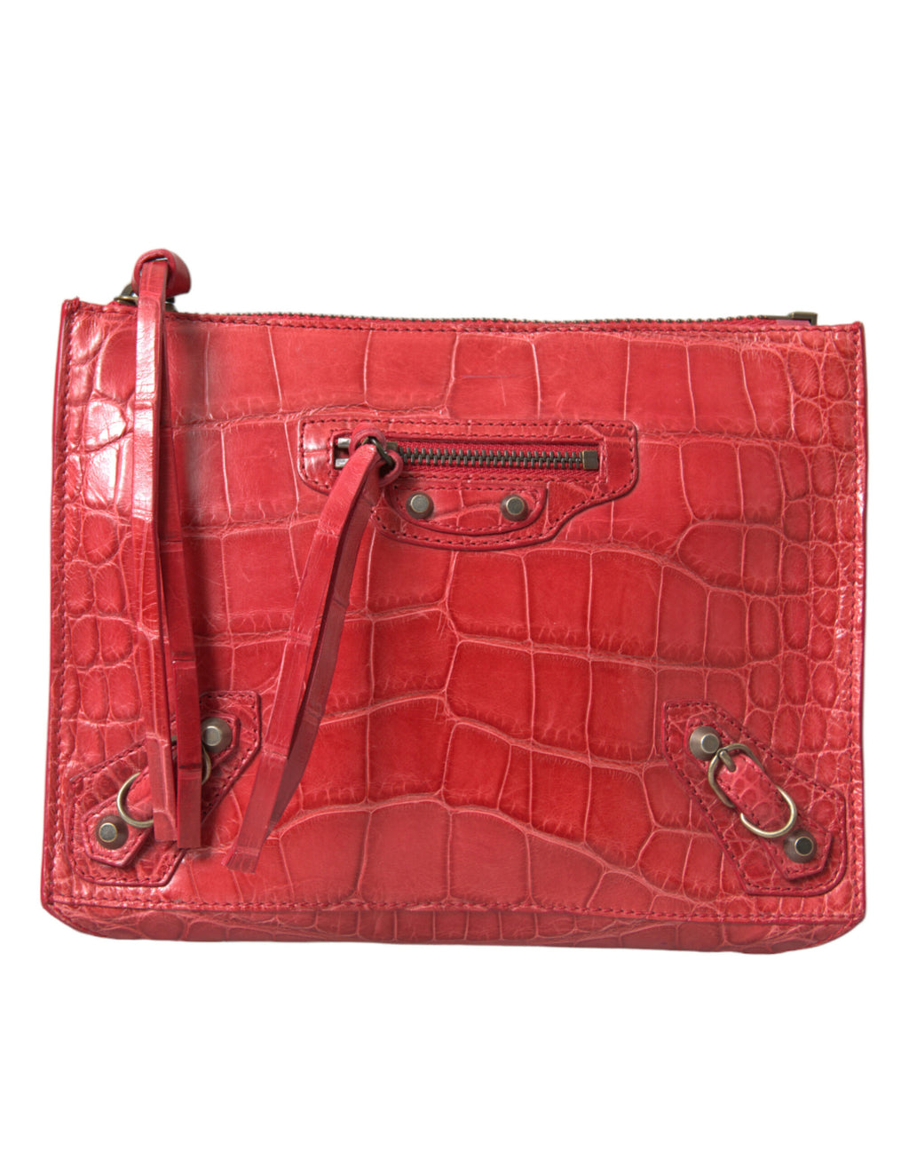 Pochette Balenciaga rouge en cuir exotique, sac à main classique avec poignées et détail en cuir brillant.