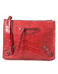 Pochette Balenciaga rouge en cuir exotique, sac à main classique avec poignées et détail en cuir brillant.