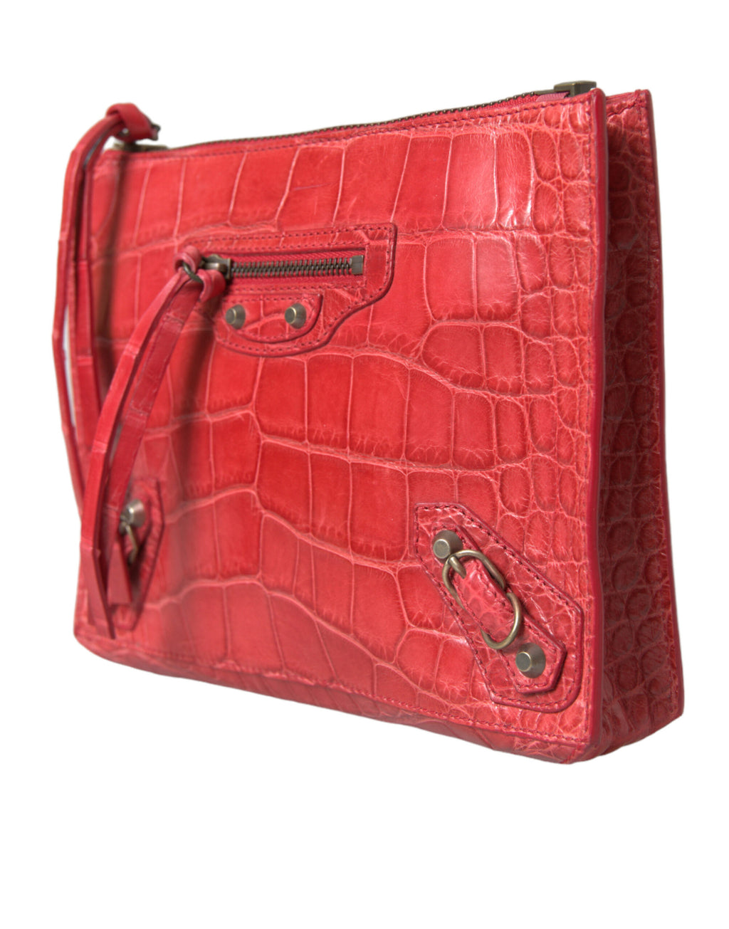 Pochette Balenciaga en cuir exotique rouge, sac à main classique avec poignée wristlet, design élégant et sophistiqué.