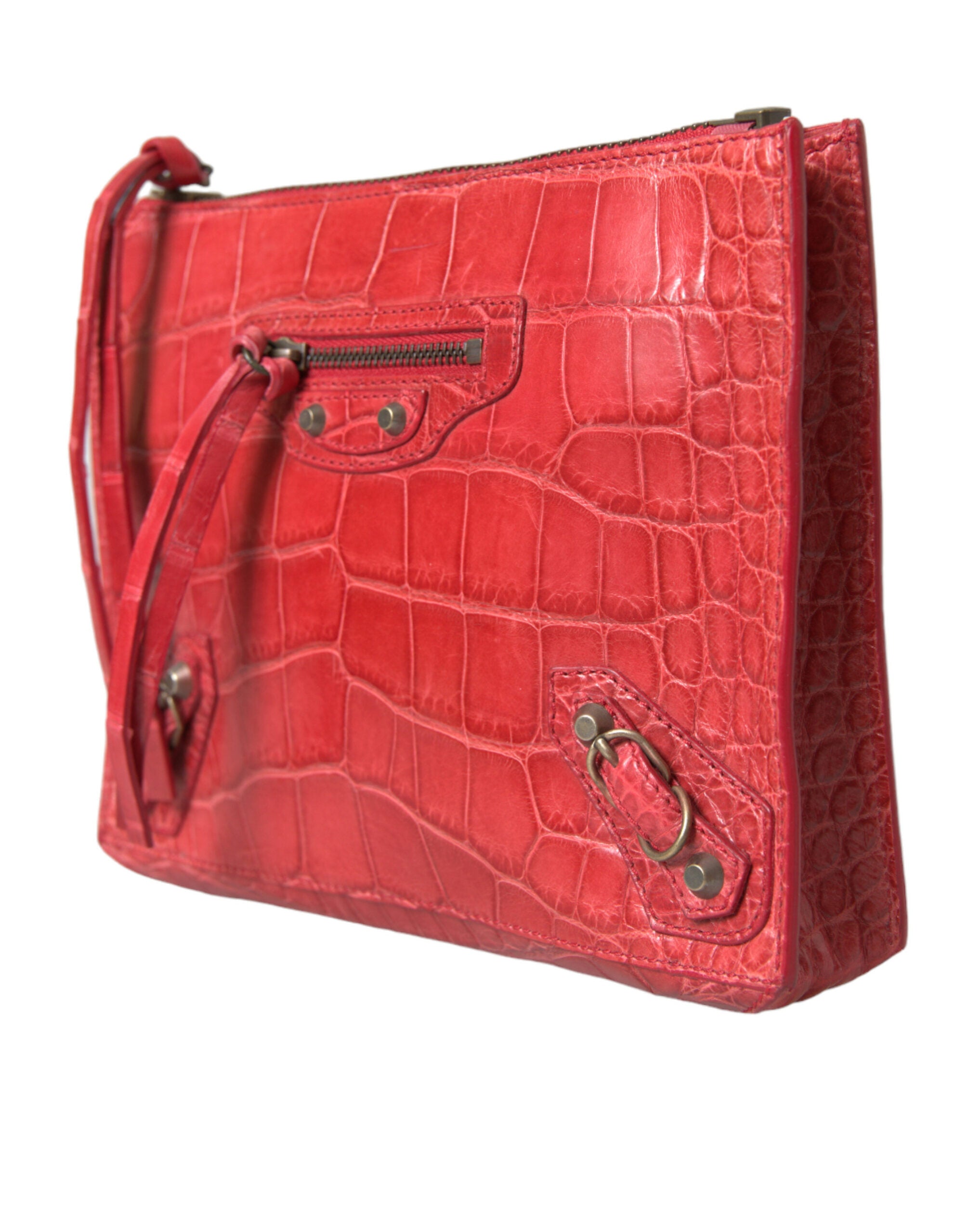 Pochette Balenciaga en cuir exotique rouge, sac à main classique avec poignée wristlet, design élégant et sophistiqué.