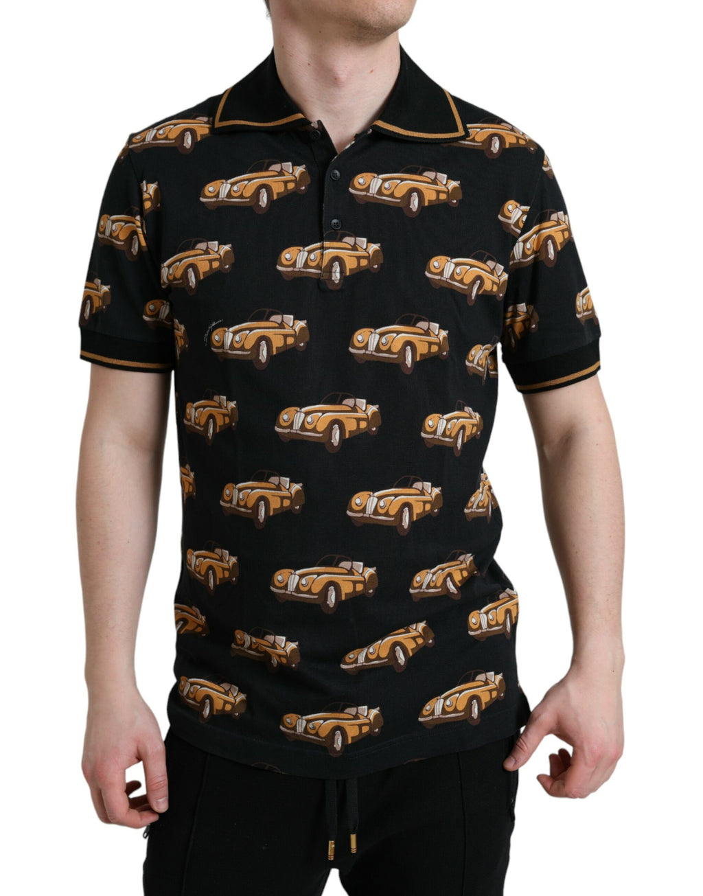 T-shirt polo à manches courtes noir Dolce & Gabbana avec motif voiture imprimé, pour homme.