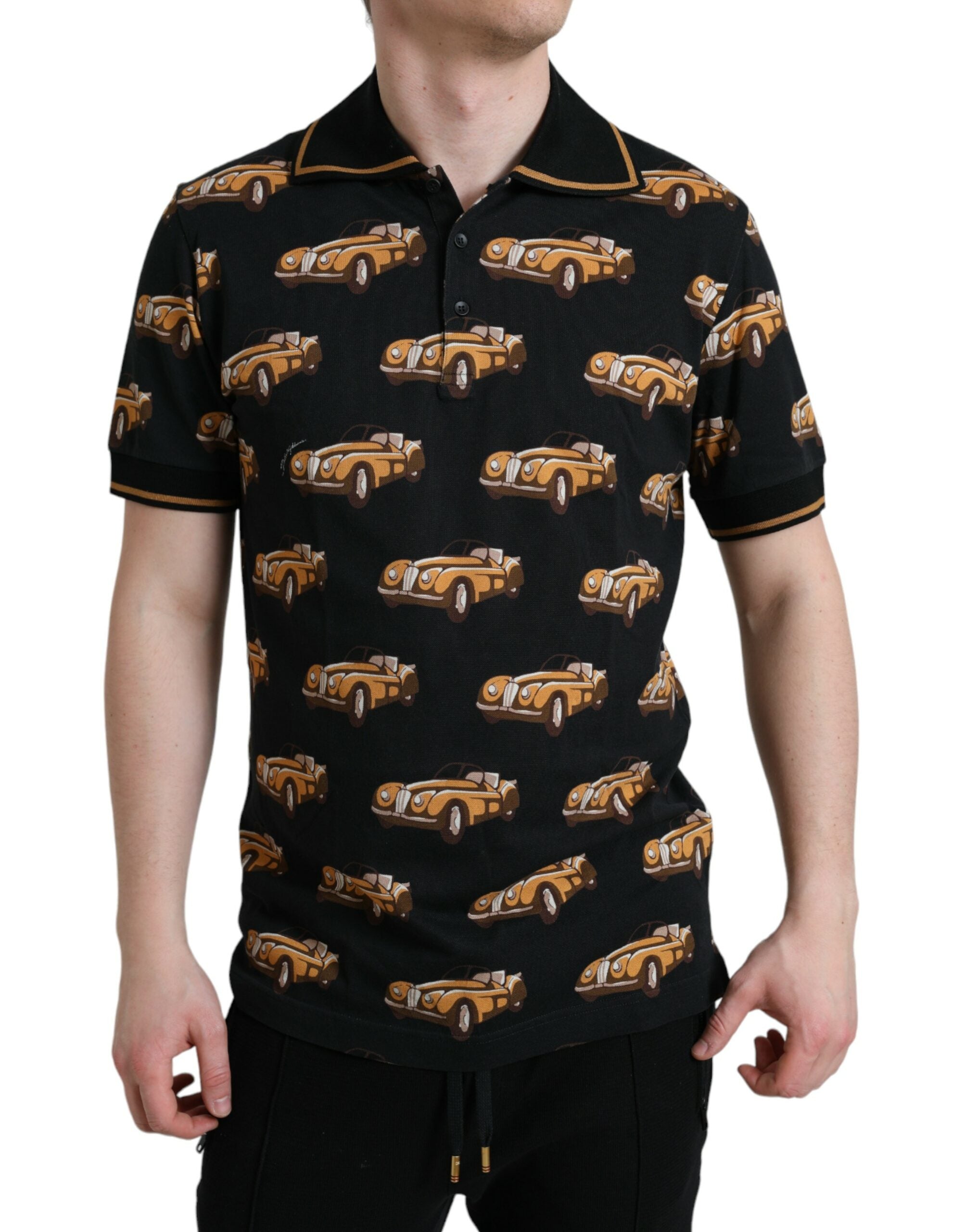 T-shirt polo à manches courtes noir Dolce & Gabbana avec motif voiture imprimé, pour homme.