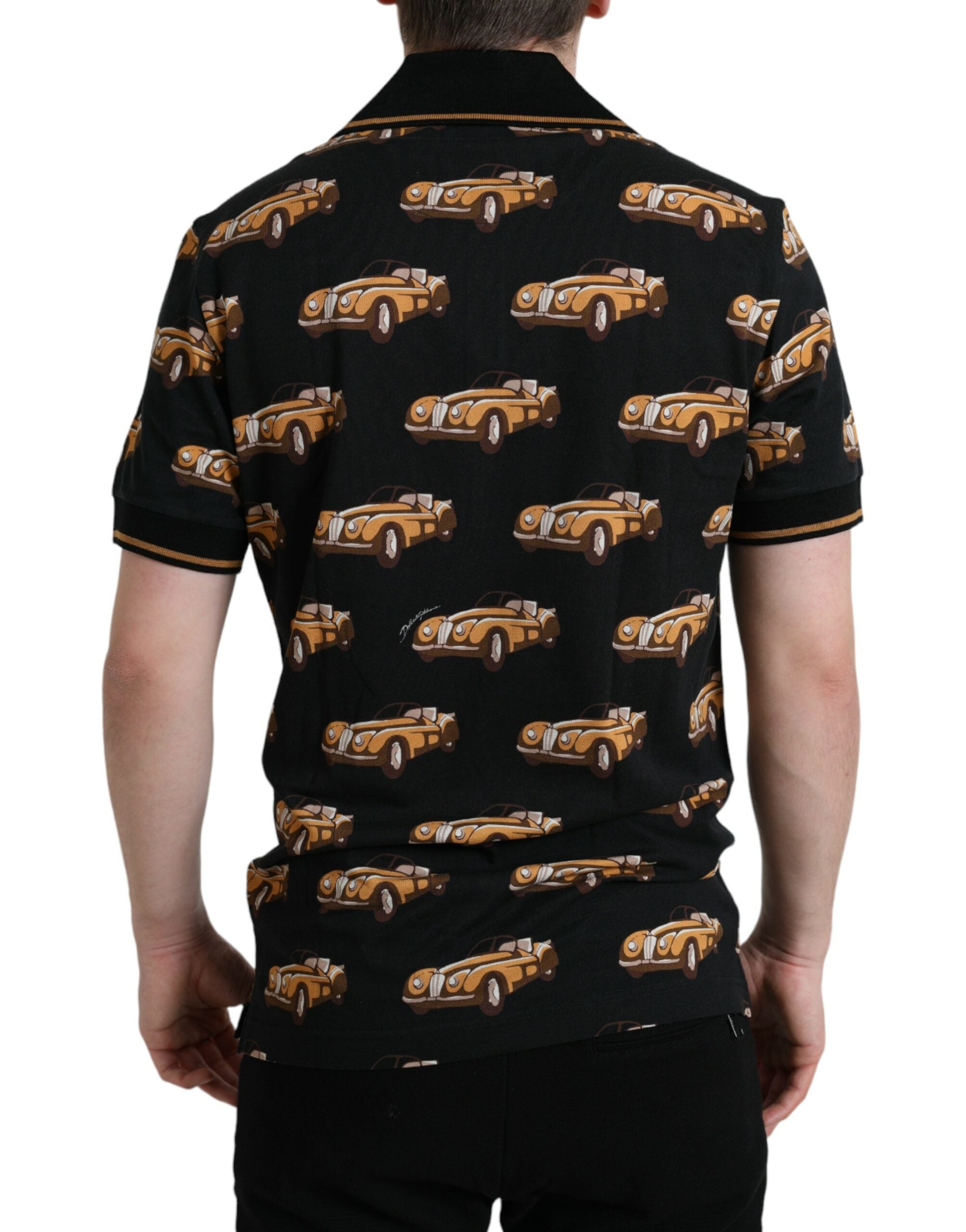 T-shirt polo à manches courtes noir Dolce & Gabbana avec motif de voitures, pour un style élégant et décontracté.