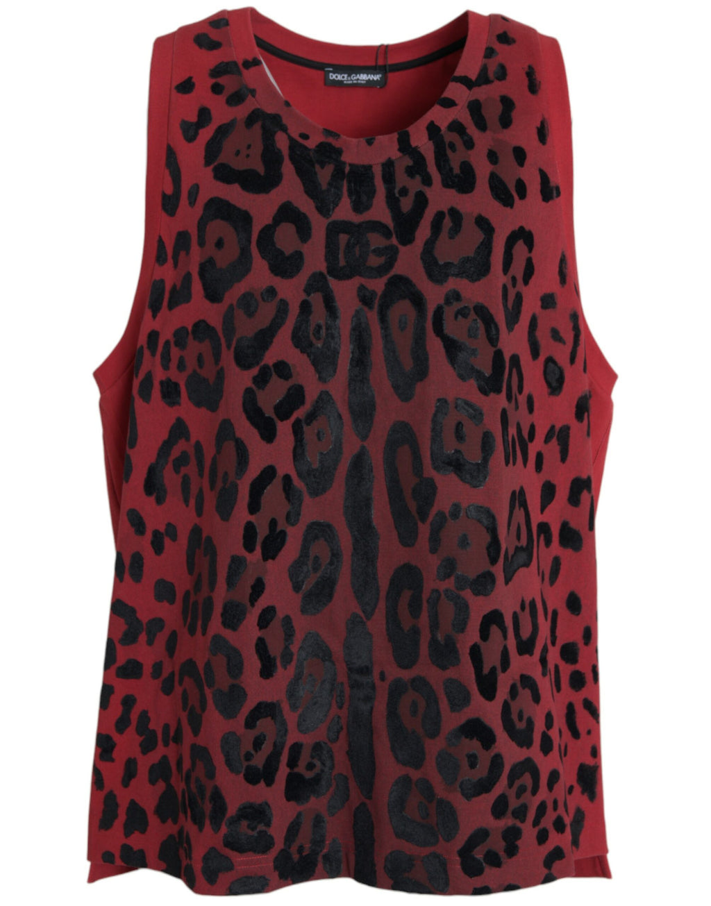 T-shirt sans manches Dolce & Gabbana à motif léopard rouge, style décontracté et été, visible en gros plan.