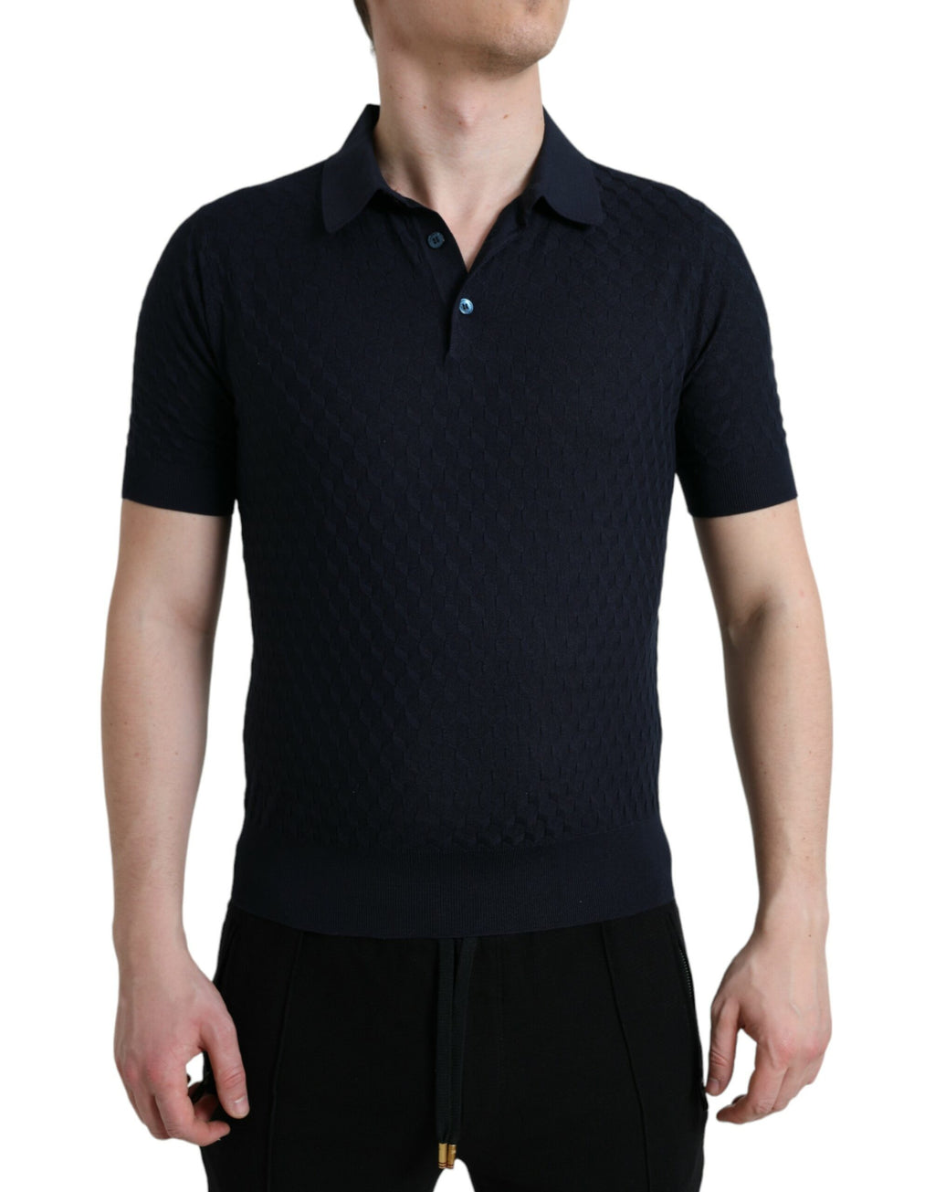 T-shirt polo à manches courtes bleu foncé Dolce & Gabbana avec col, vue de face sur fond blanc.