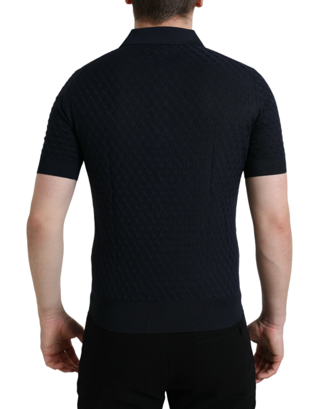 Polo à manches courtes bleu foncé Dolce & Gabbana avec col, tissu en coton, ajusté et élégant.