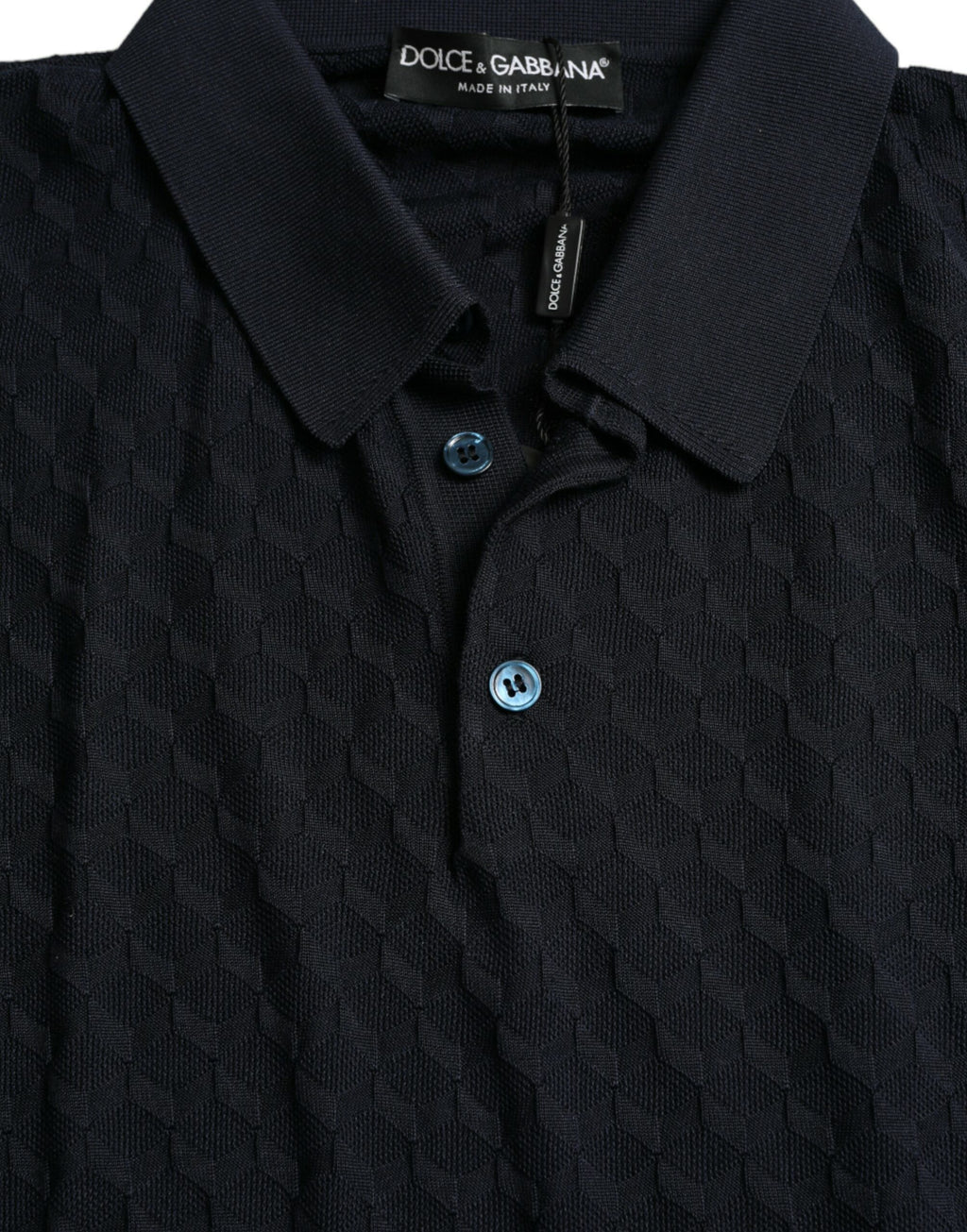 Polo à manches courtes bleu foncé Dolce & Gabbana avec col, vue de face, en coton, style élégant et classique.