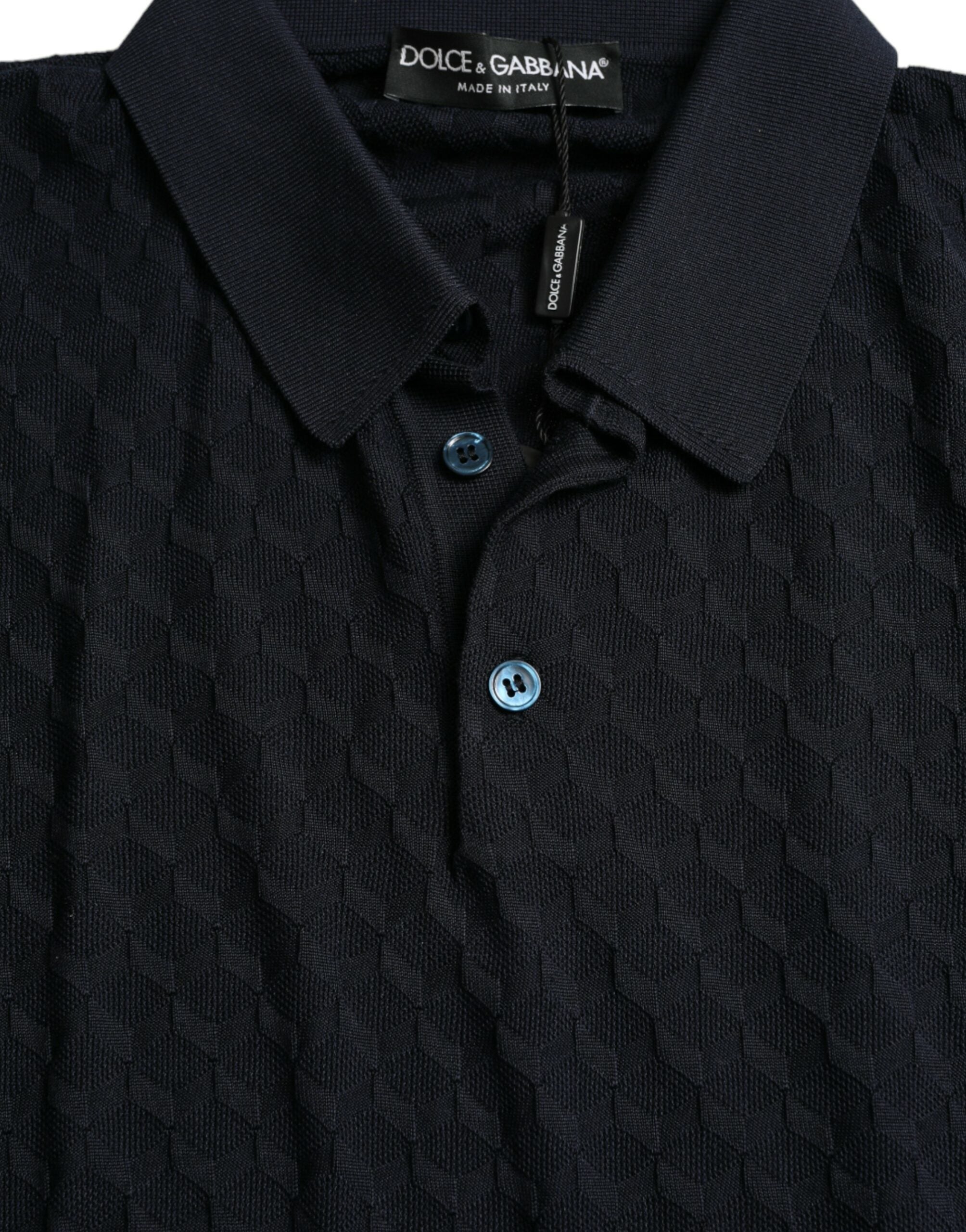 Polo à manches courtes bleu foncé Dolce & Gabbana avec col, vue de face, en coton, style élégant et classique.