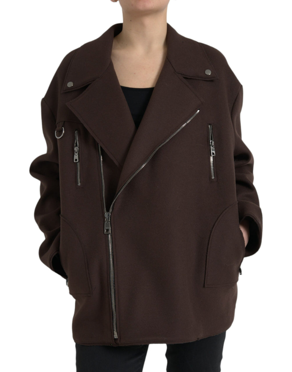 Manteau court en laine marron de style motard de Dolce & Gabbana, avec détails en cuir et coupe élégante.