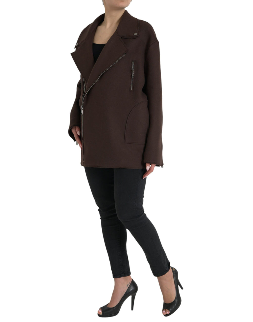 Veste courte en laine marron de style biker par Dolce & Gabbana, vue de face avec détails de couture et col élégant.
