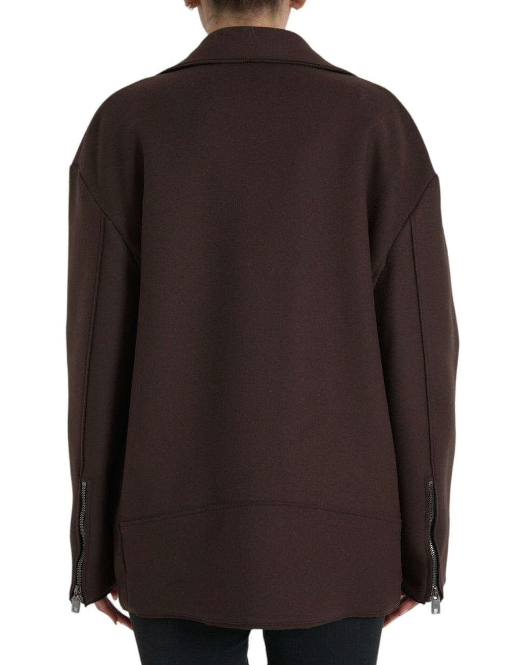 Manteau court en laine marron de style motard de Dolce & Gabbana, avec détails en cuir et coupe élégante.