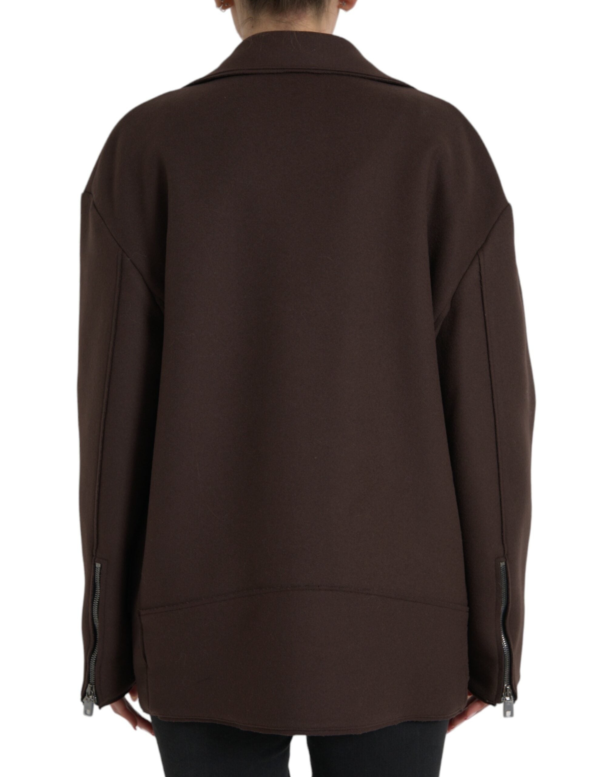 Manteau court en laine marron de style motard de Dolce & Gabbana, avec détails en cuir et coupe élégante.