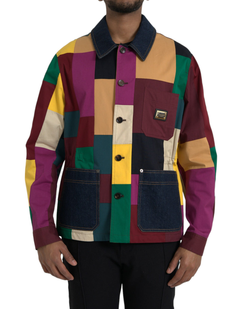 Veste en coton Dolce & Gabbana à patchwork multicolore avec col, détails colorés et style élégant.