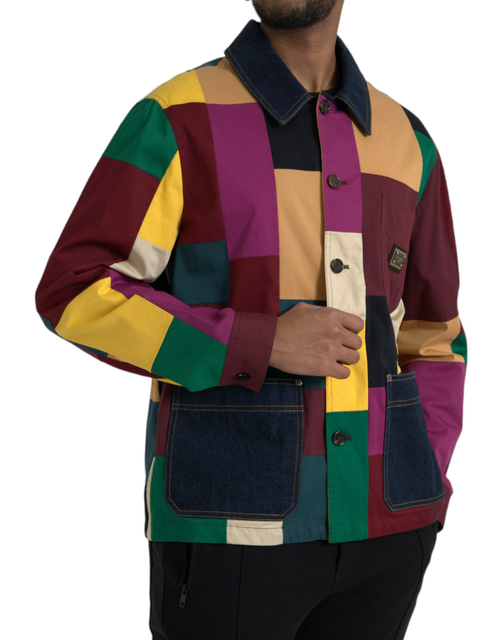 Veste en coton à patchwork multicolore Dolce & Gabbana avec col, détails colorés et style élégant.
