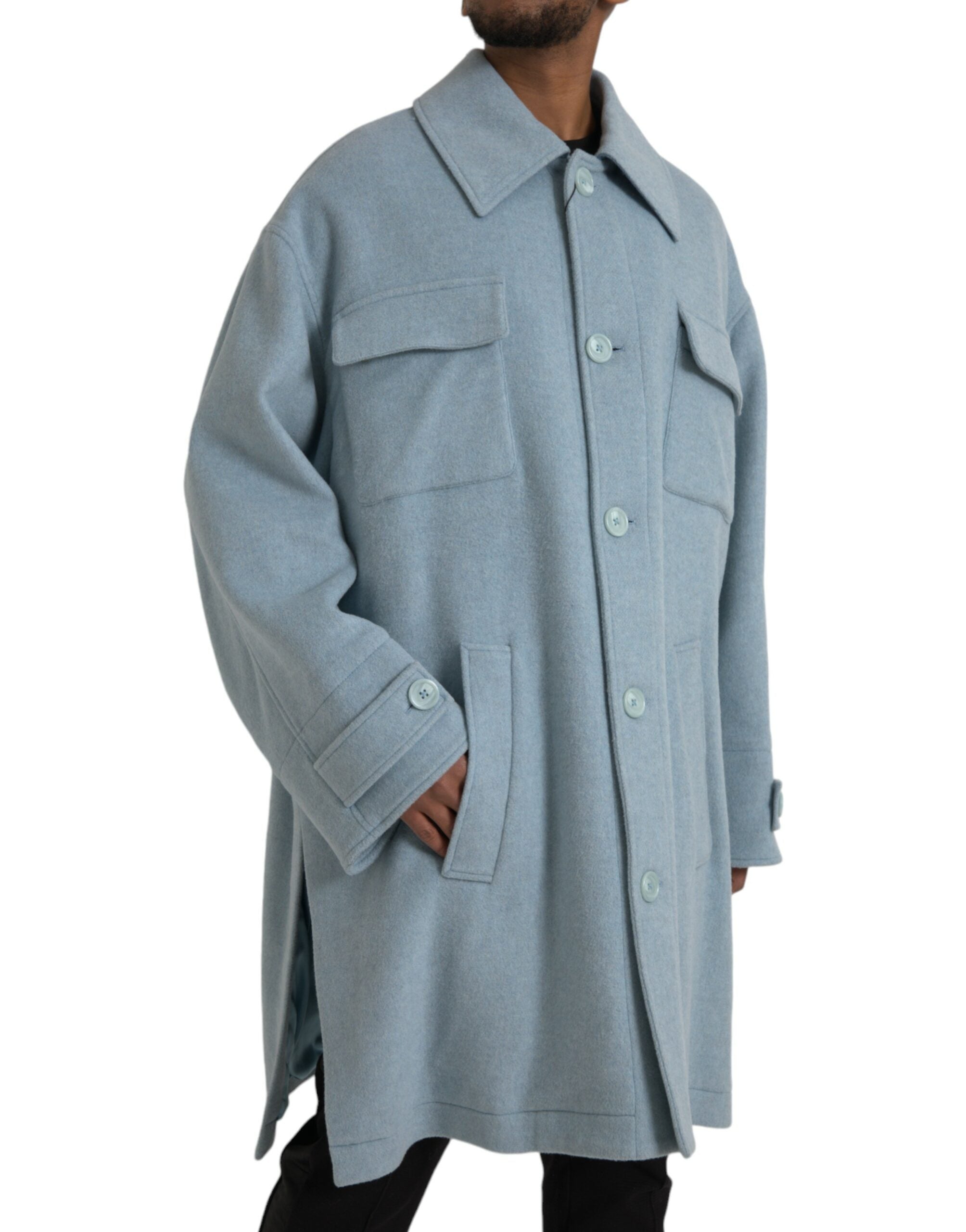 Manteau trench en laine Light Blue de Dolce & Gabbana, veste élégante avec boutons, vue de face sur fond neutre.