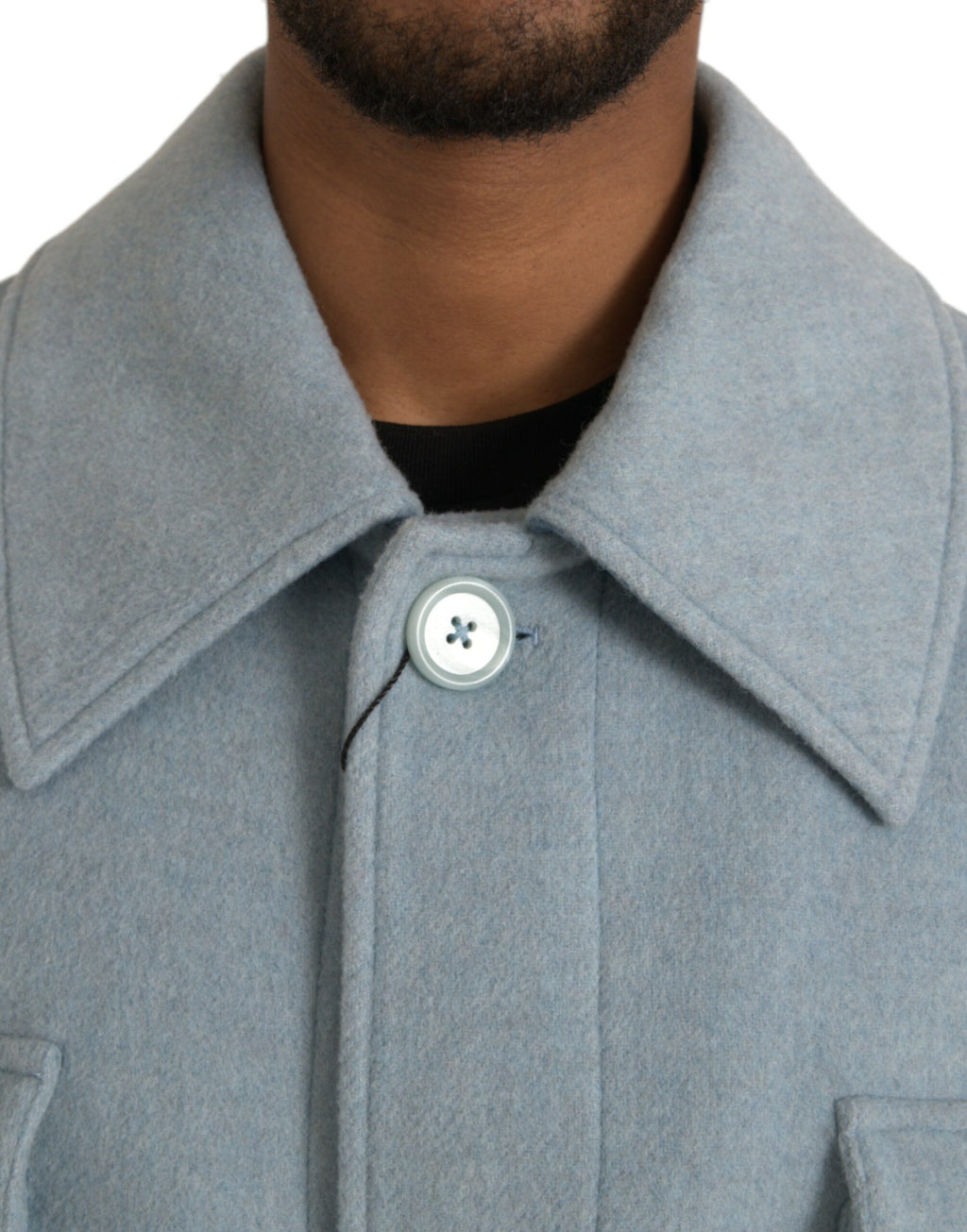 Manteau trench en laine Light Blue de Dolce & Gabbana avec boutons, style élégant et classique, vue de face.