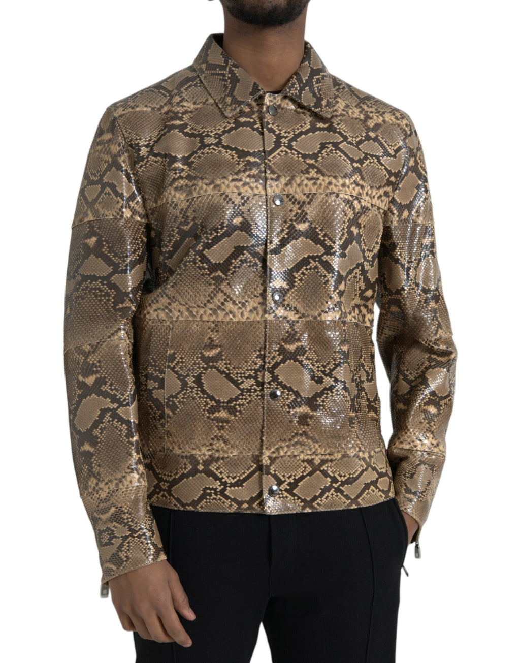 Veste biker beige en cuir exotique Dolce & Gabbana, style élégant avec détails en cuir sur le devant et les manches.