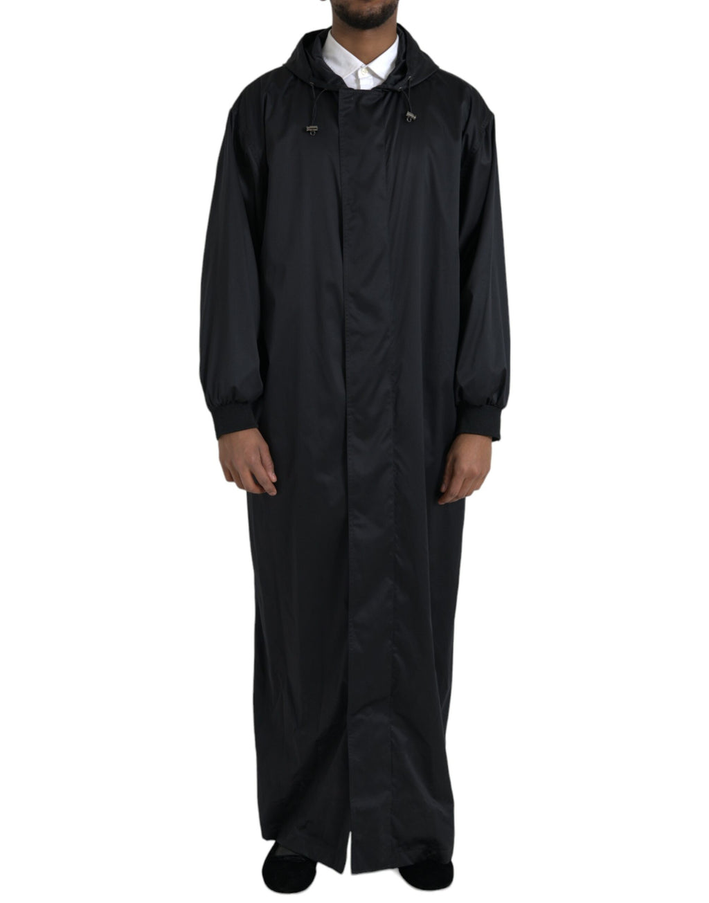 Veste longue noire en polyester avec capuche de Dolce & Gabbana, coupe décontractée, design moderne et style urbain.