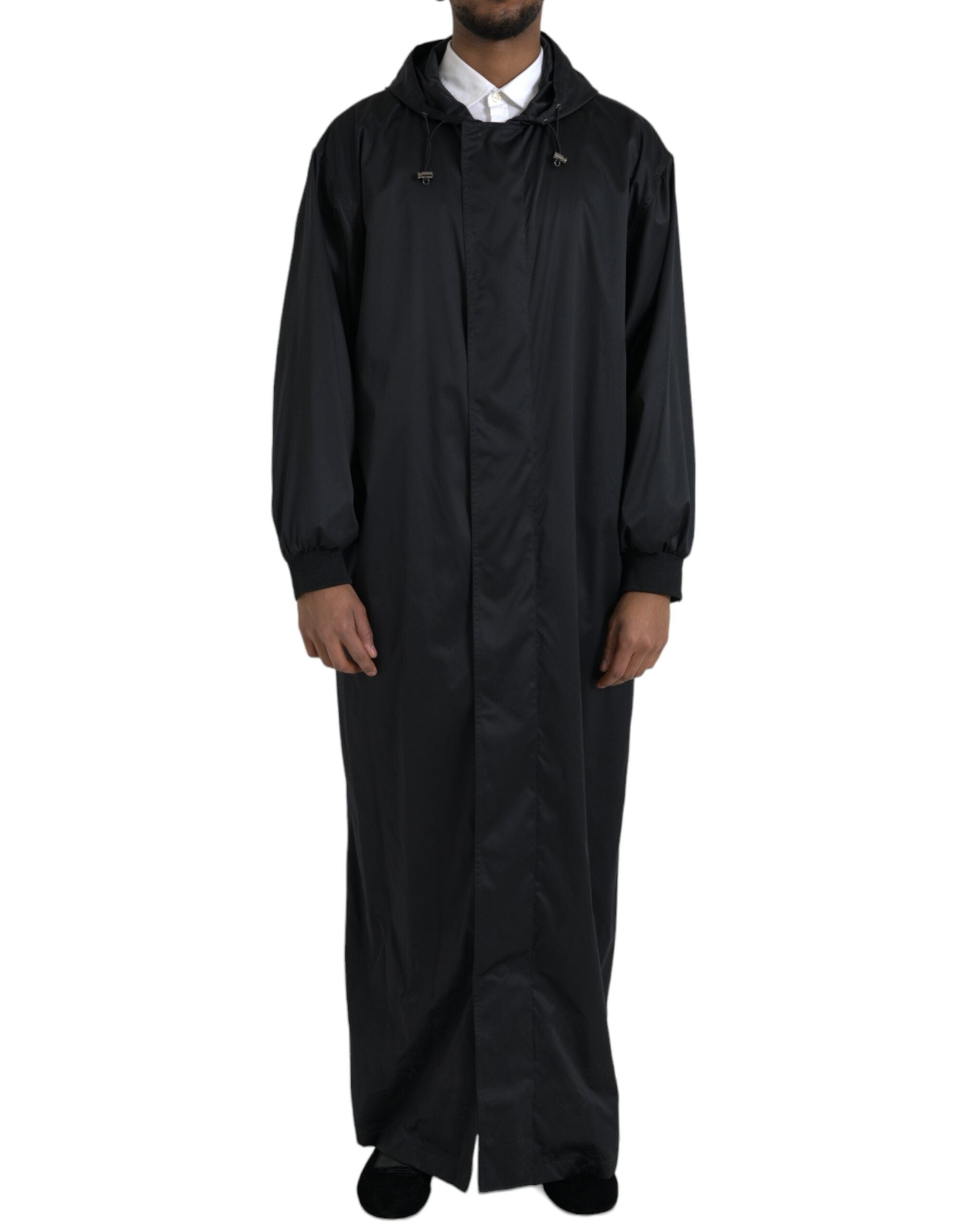 Veste longue noire en polyester avec capuche de Dolce & Gabbana, coupe décontractée, design moderne et style urbain.