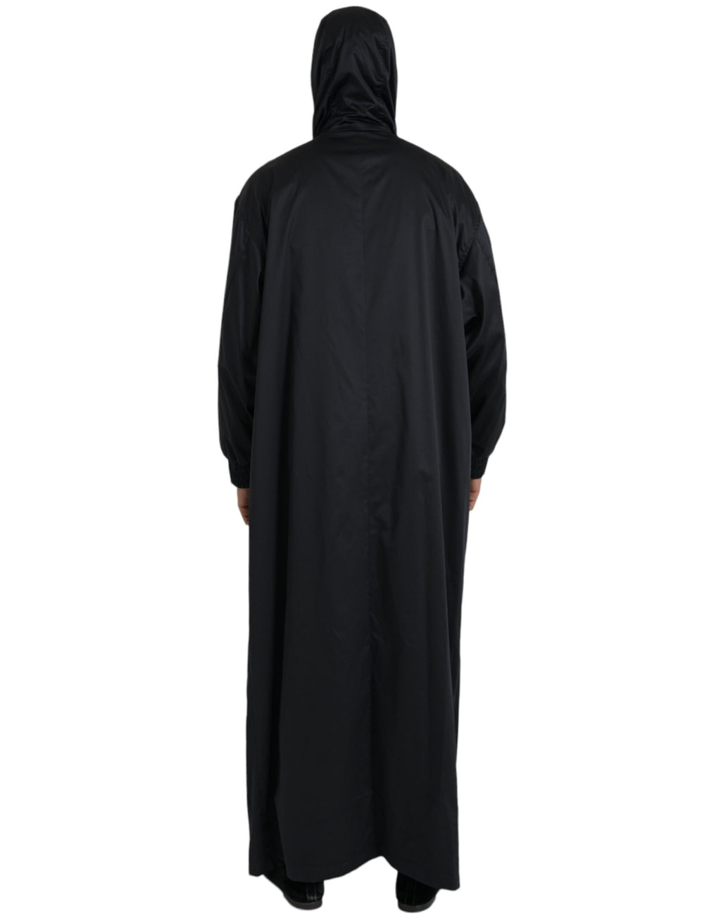 Veste coupe-vent longue noire en polyester avec capuche, style Dolce & Gabbana, vue de face.