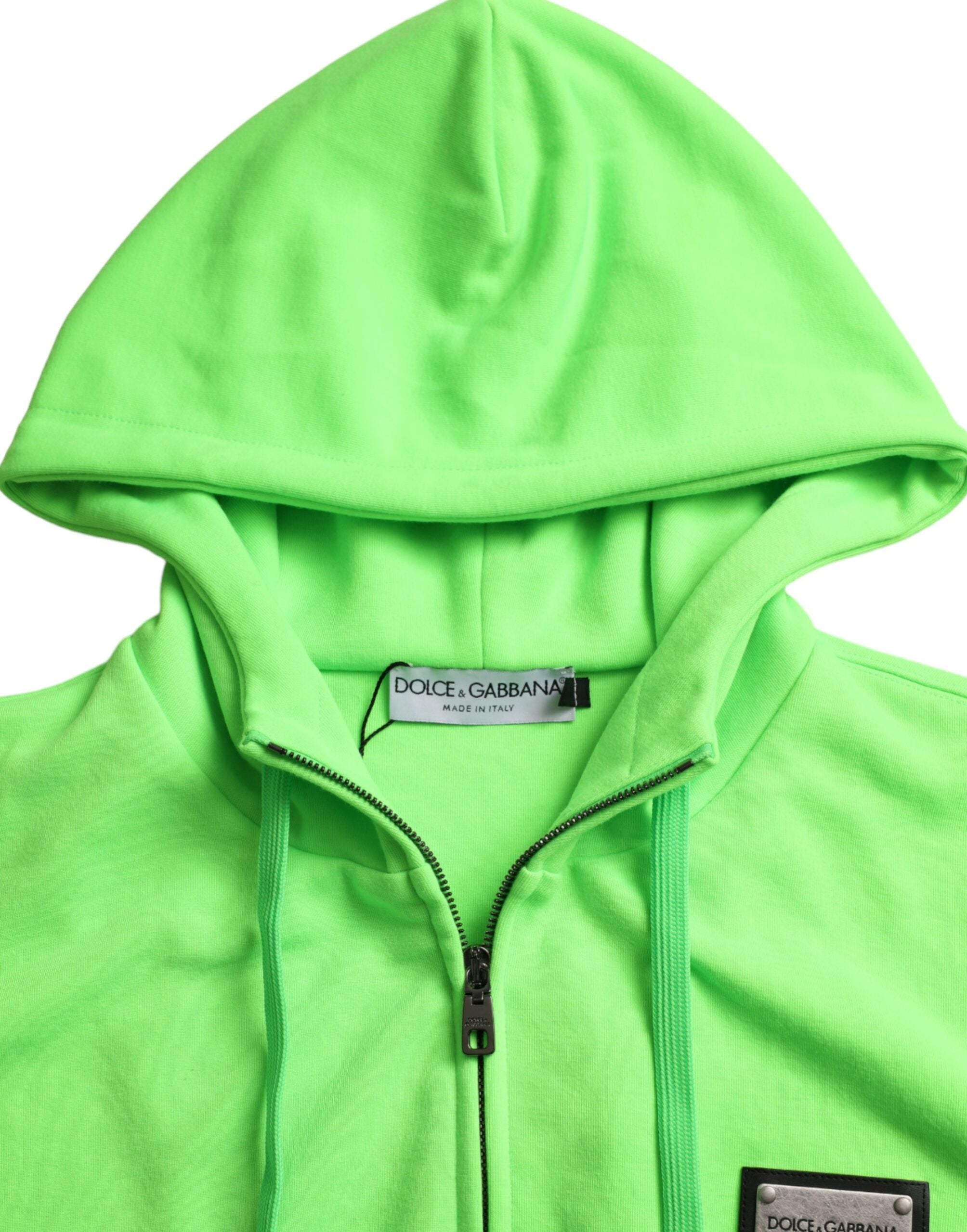 Sweat à capuche Dolce & Gabbana en vert néon, zip complet, pull tendance en coton avec logo Dolce & Gabbana visible.