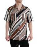 Chemise Dolce & Gabbana en soie marron et blanche à rayures à manches courtes, vue de face.