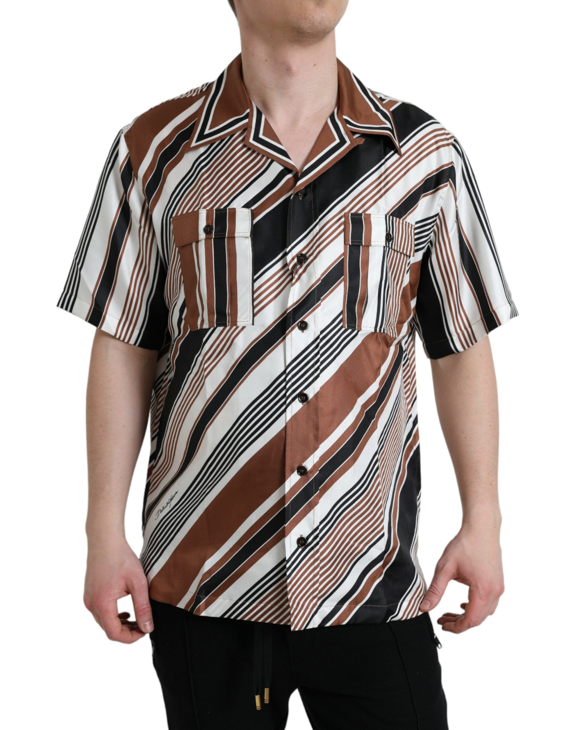 Chemise Dolce & Gabbana en soie marron et blanche à rayures à manches courtes, vue de face.