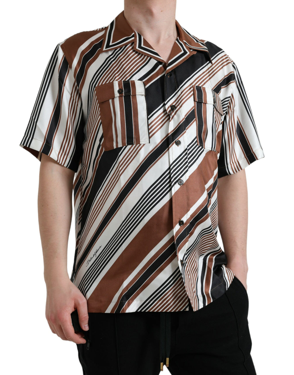Chemise courte en soie à rayures marron et blanche de Dolce & Gabbana, manches courtes élégantes pour femme.
