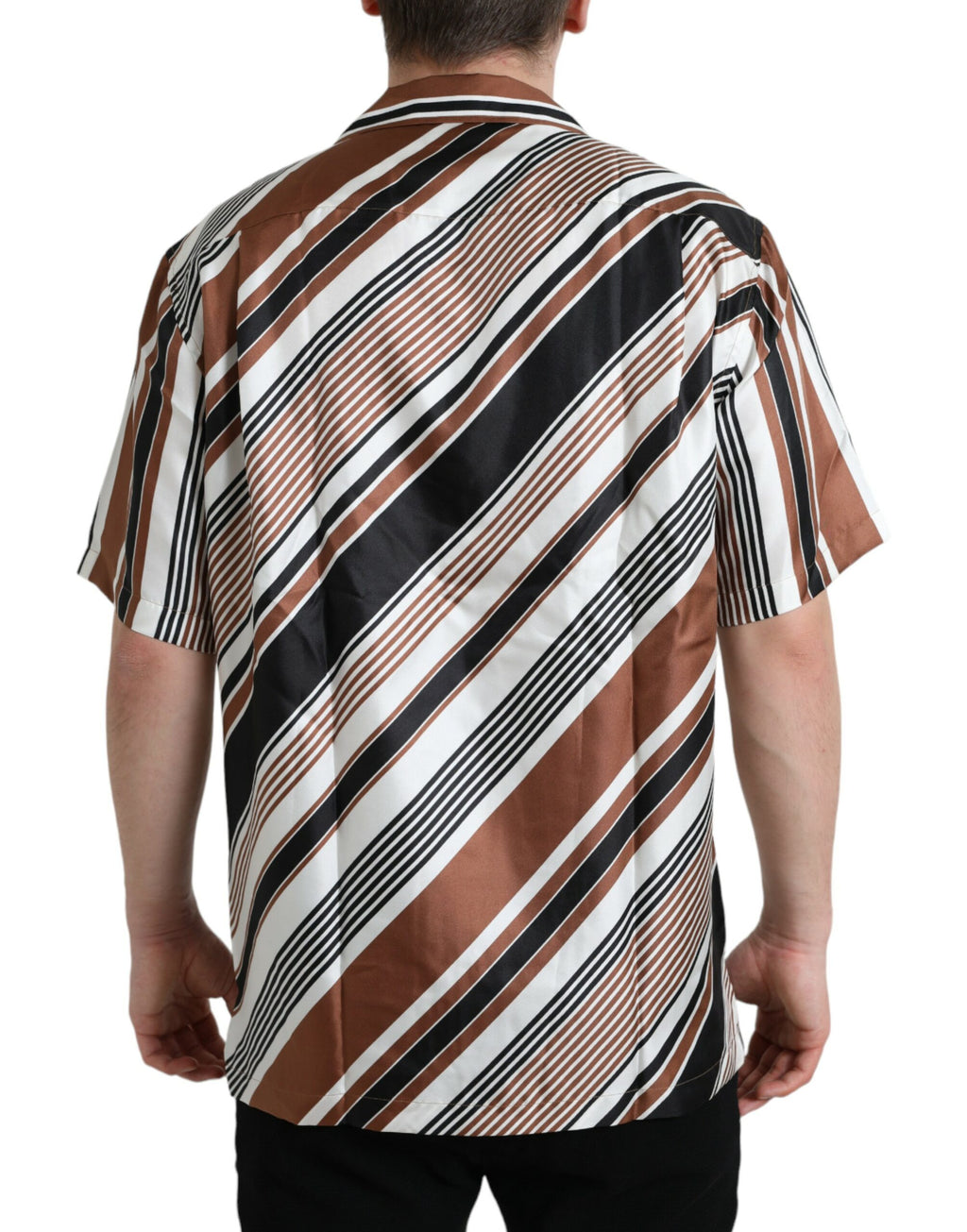 Chemise courte à rayures en soie marron et blanche de Dolce & Gabbana, manches courtes et style élégant.