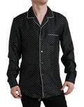 Chemise longue en soie noire à pois blancs de Dolce & Gabbana, manches longues, élégante et raffinée.