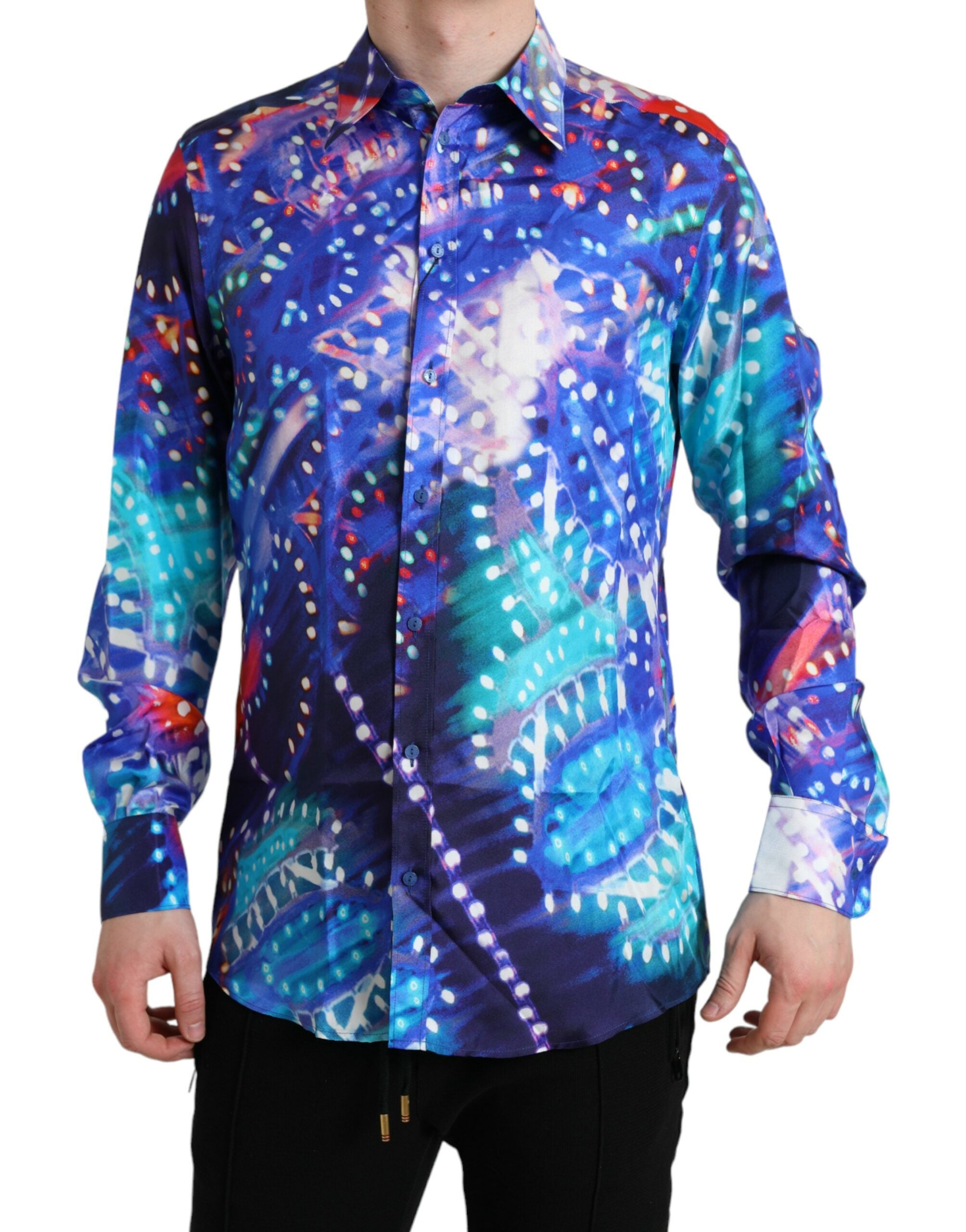 Chemise Dolce & Gabbana Luminarie en soie violette, coupe slim, style martini, visible avec détails élégants et tissu fluide.