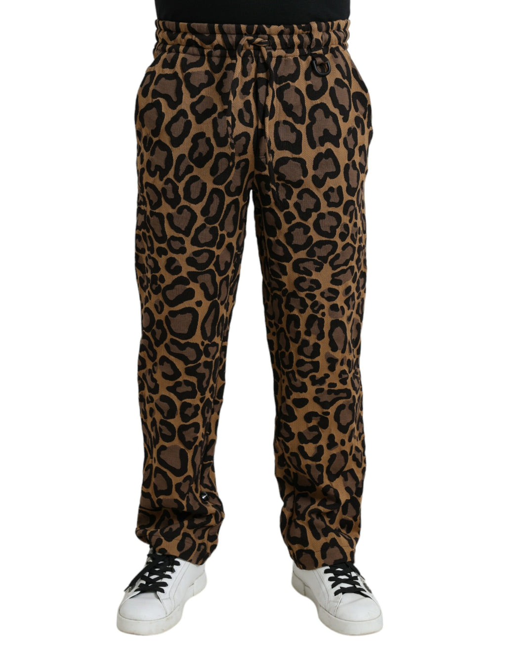 Pantalons jogging en polyester à motif léopard marron de Dolce & Gabbana, vue de face.