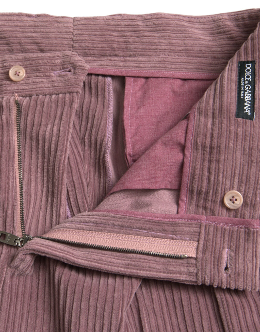 Pantalon skinny en coton stretch à rayures violettes en velours côtelé de Dolce & Gabbana, vue de face.