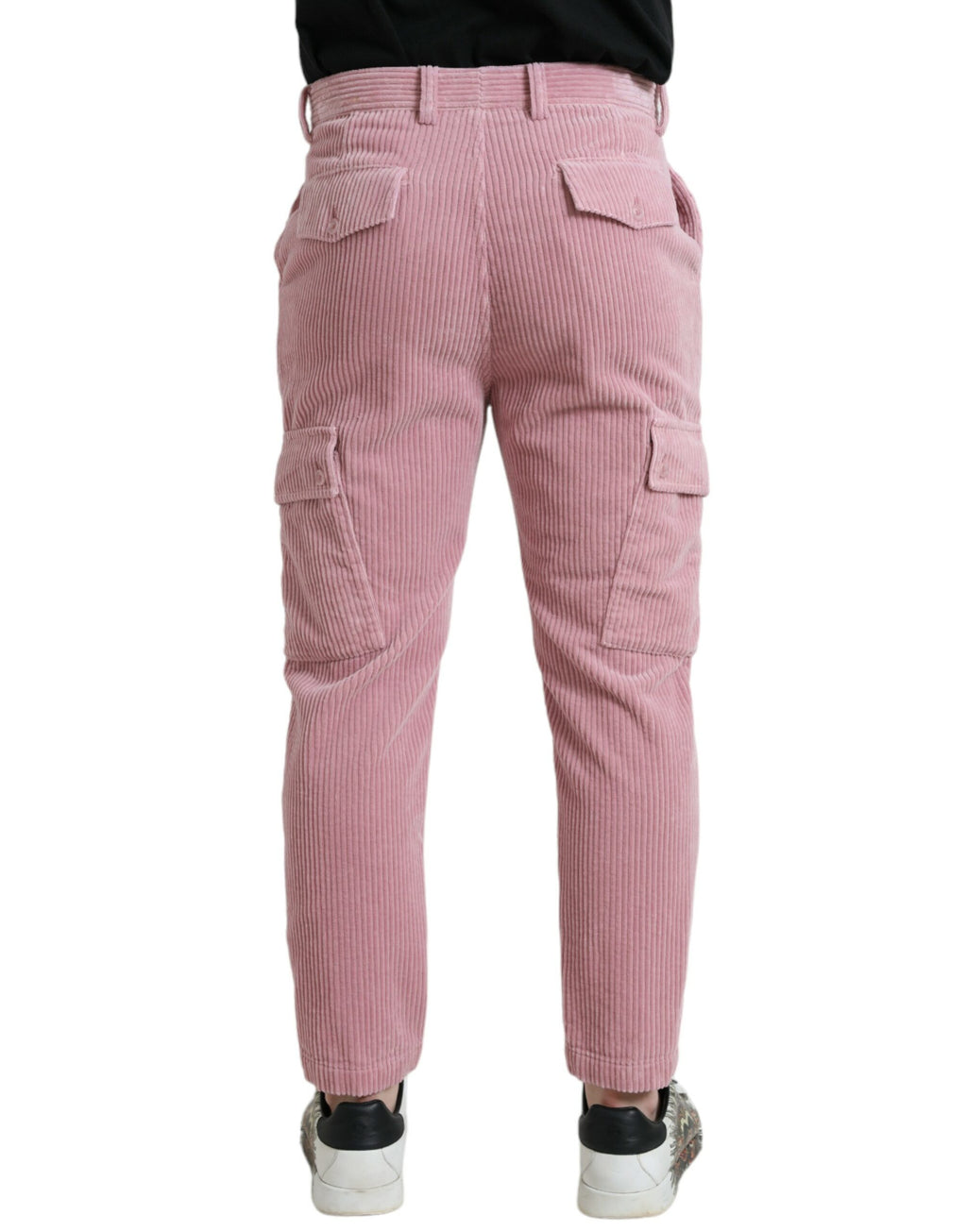 Jean cargo skinny en velours côtelé rose en coton stretch de Dolce & Gabbana, vue de face avec détails de couture.