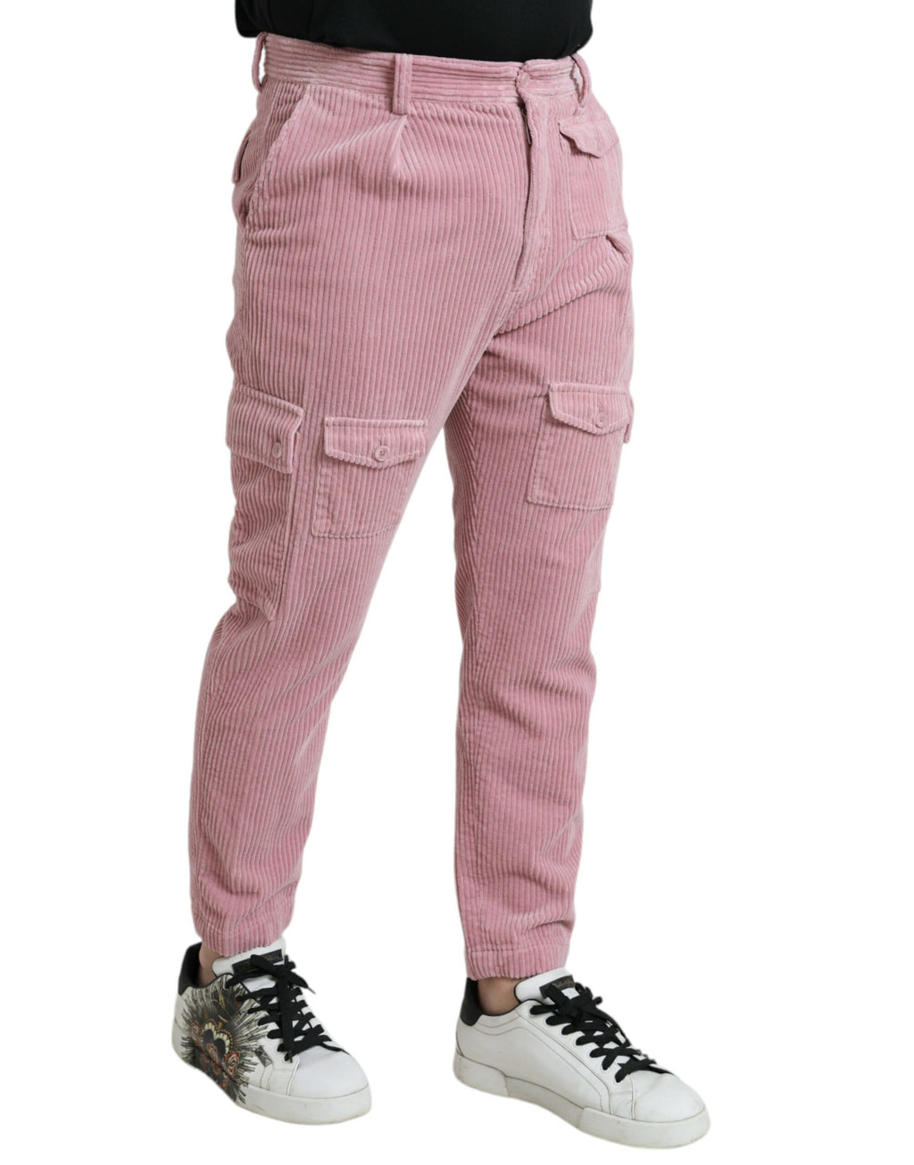Jeans slim en coton stretch rose à corduroy de Dolce & Gabbana, cargo avec poches et détails modernes.