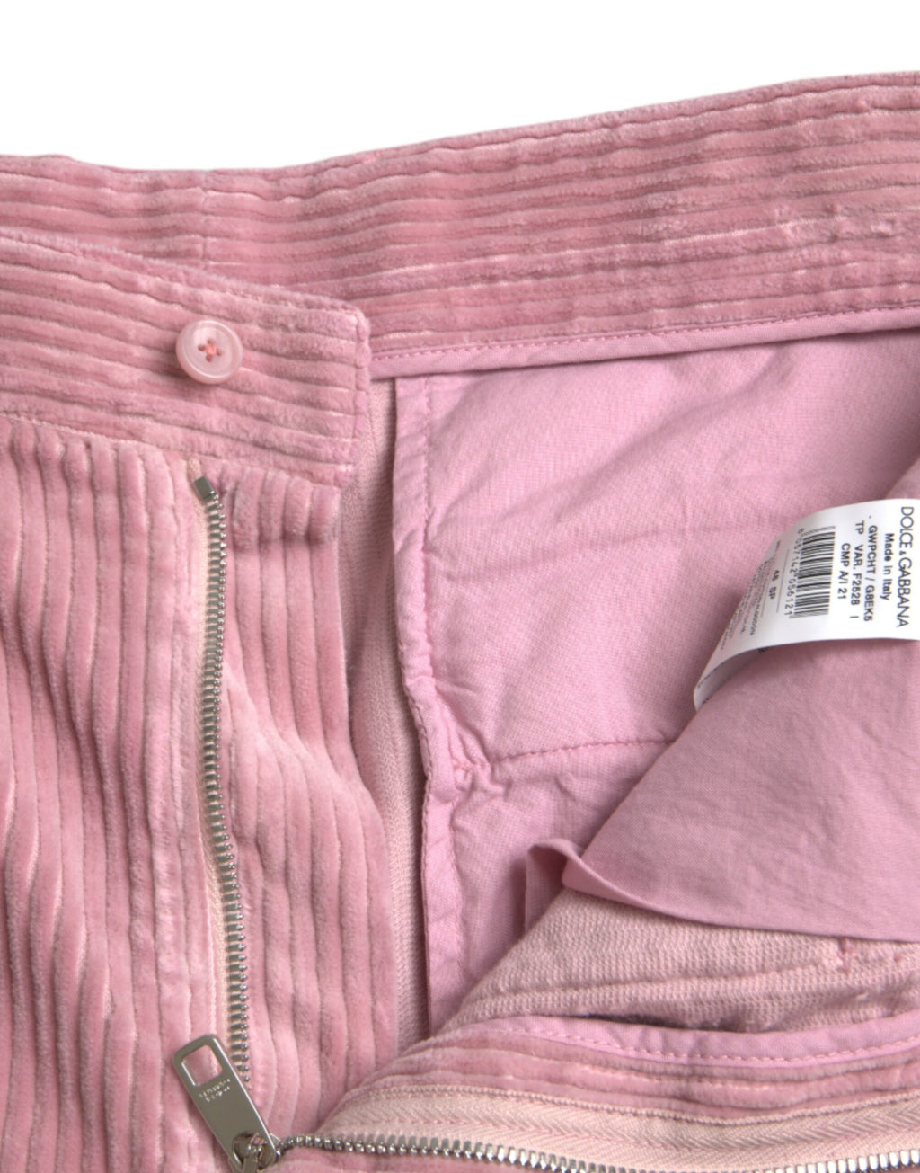 Pantalon cargo skinny en coton stretch rose Dolce & Gabbana en corduroy, vue de face.