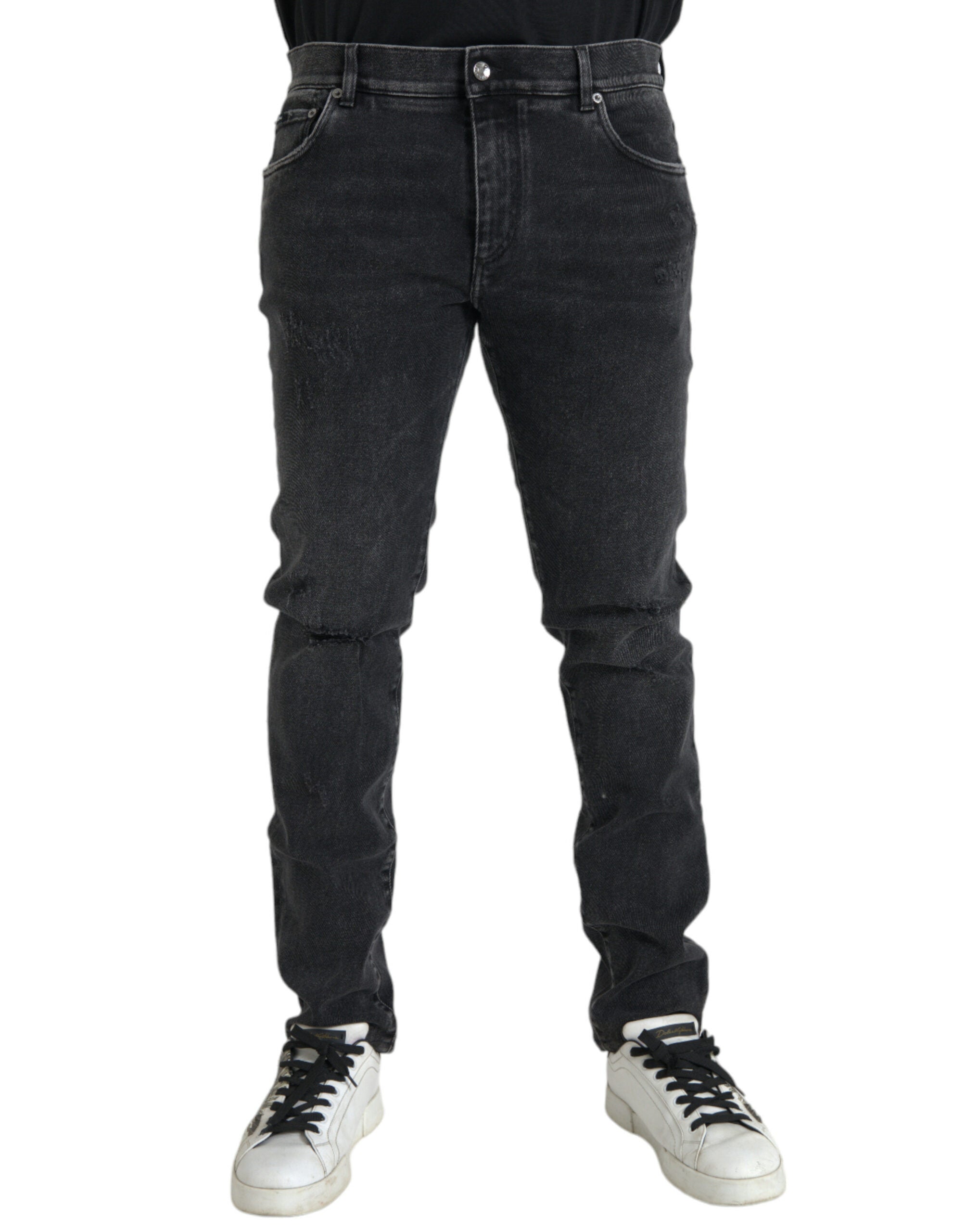 Jean skinny en denim gris Dolce & Gabbana avec logo en coton stretch, ajusté et tendance.