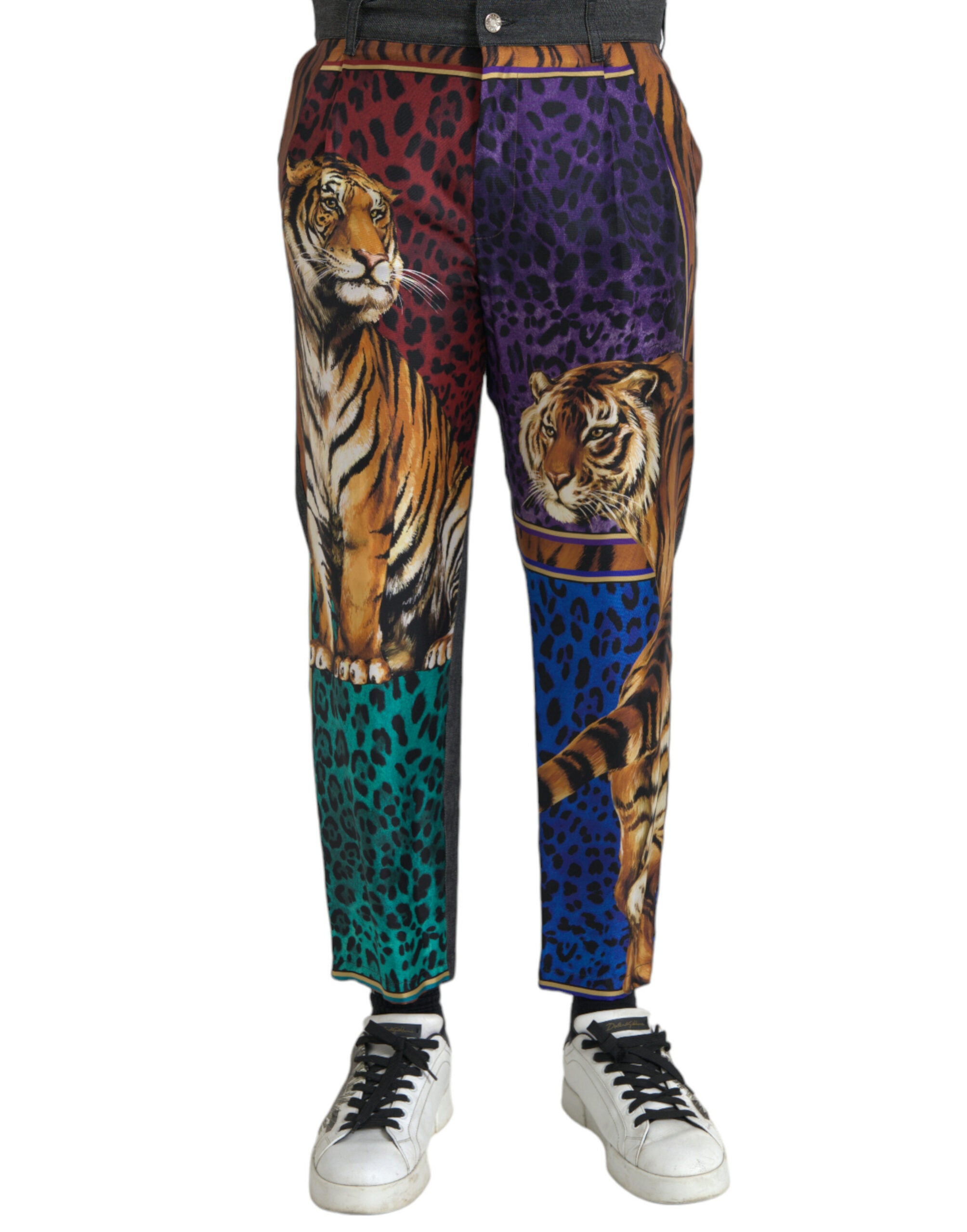 Pantalons amples en coton multicolores Dolce & Gabbana avec motif tigre et léopard, coupe tapered.