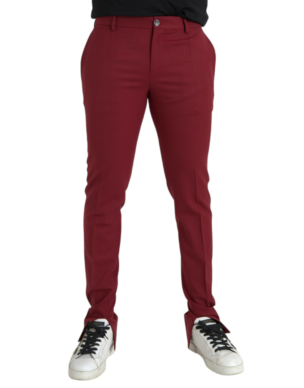 Pantalon de costume rouge en laine pour homme de marque Dolce & Gabbana, coupe slim fit, vue en gros plan.