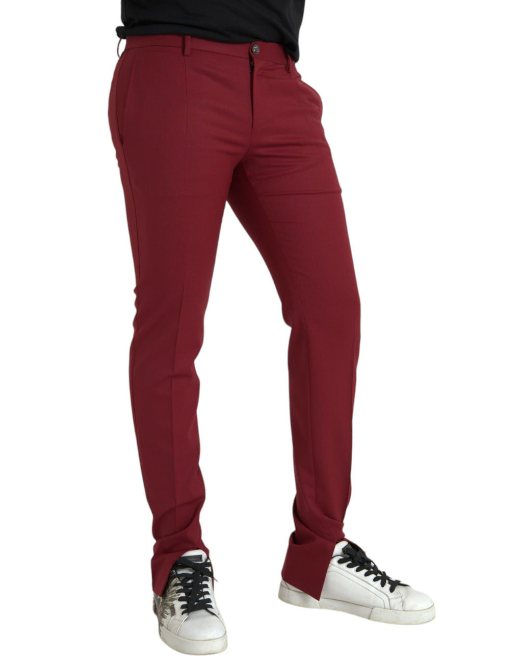 Pantalon homme Dolce & Gabbana en laine rouge, coupe slim fit, pantalon habillé élégant et ajusté.