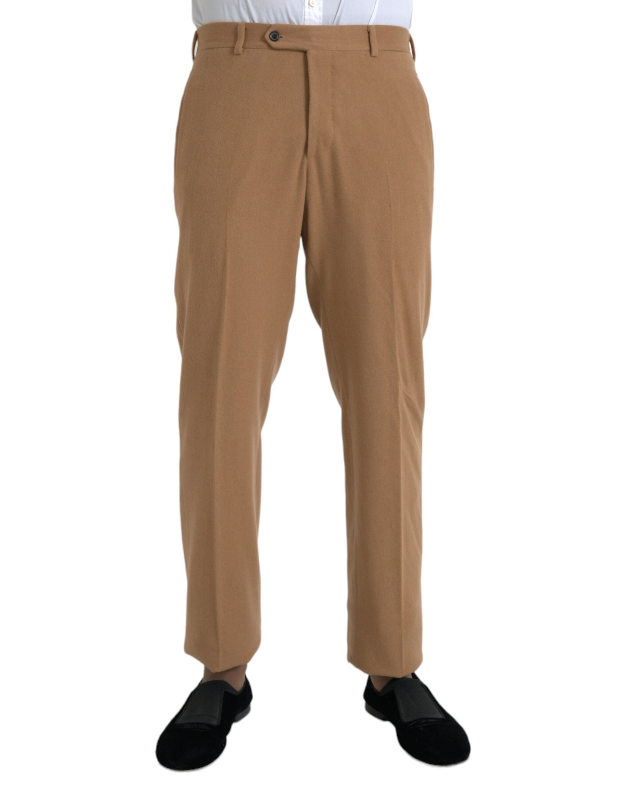 Pantalons habillés homme Prada en cachemire beige, coupe droite, vêtement élégant et confortable avec finition soignée.