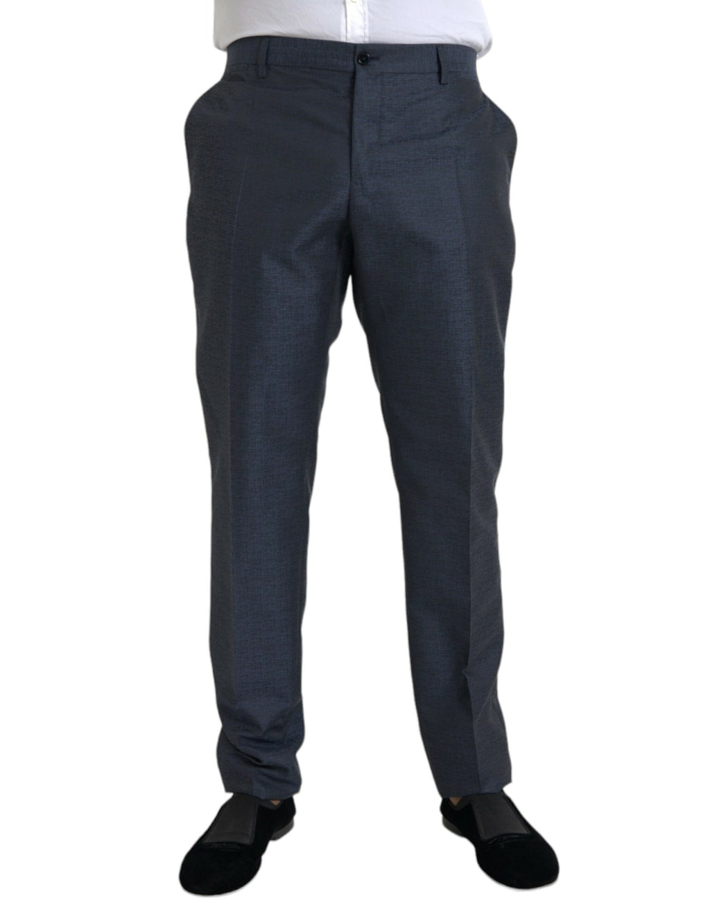 Pantalon homme Dolce & Gabbana en laine bleue, coupe skinny, pantalon habillé élégant avec détails sophistiqués.
